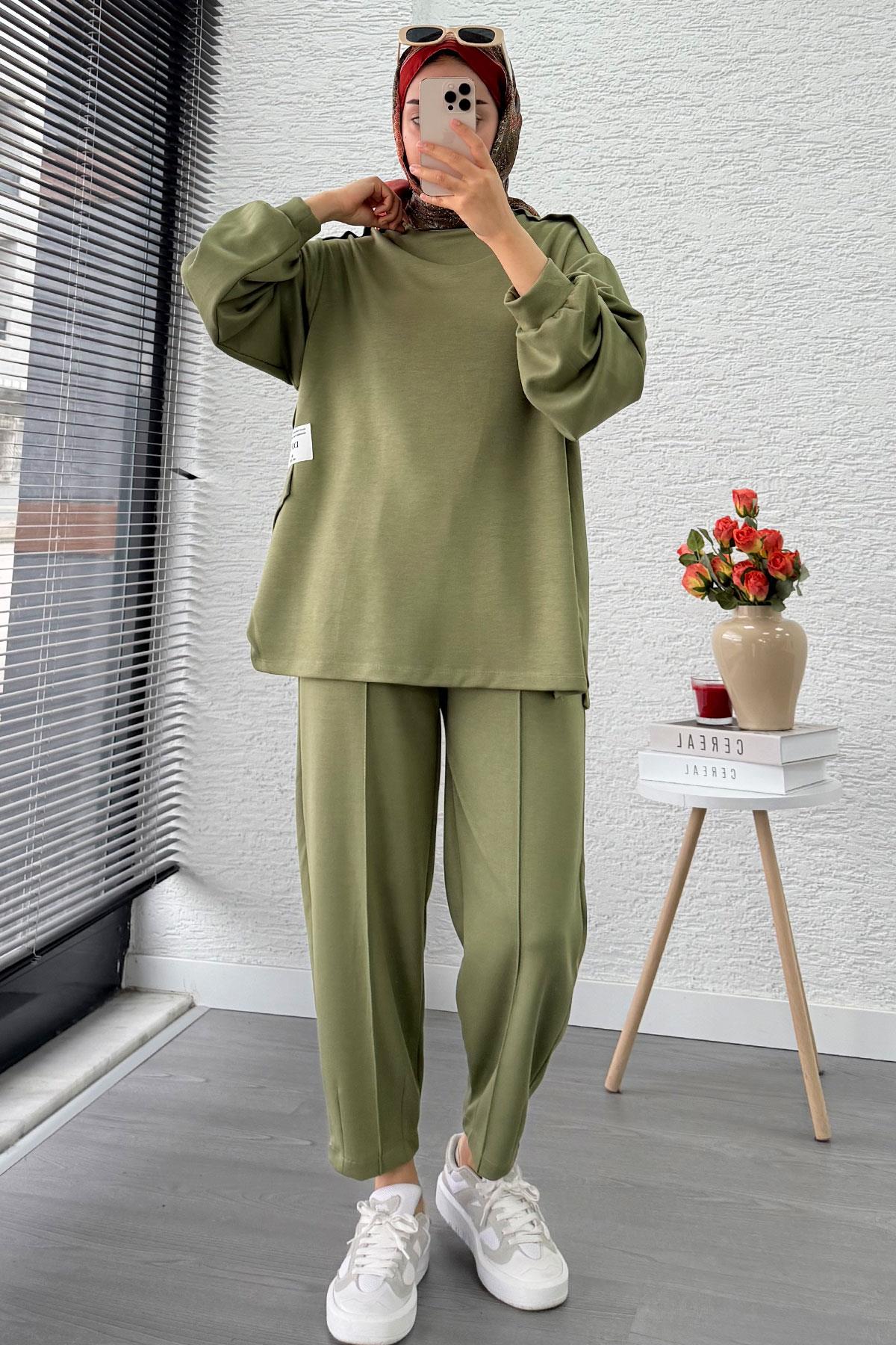 Şalvar Kesim Pantolonlu Kadın İkili Takım - Yeşil