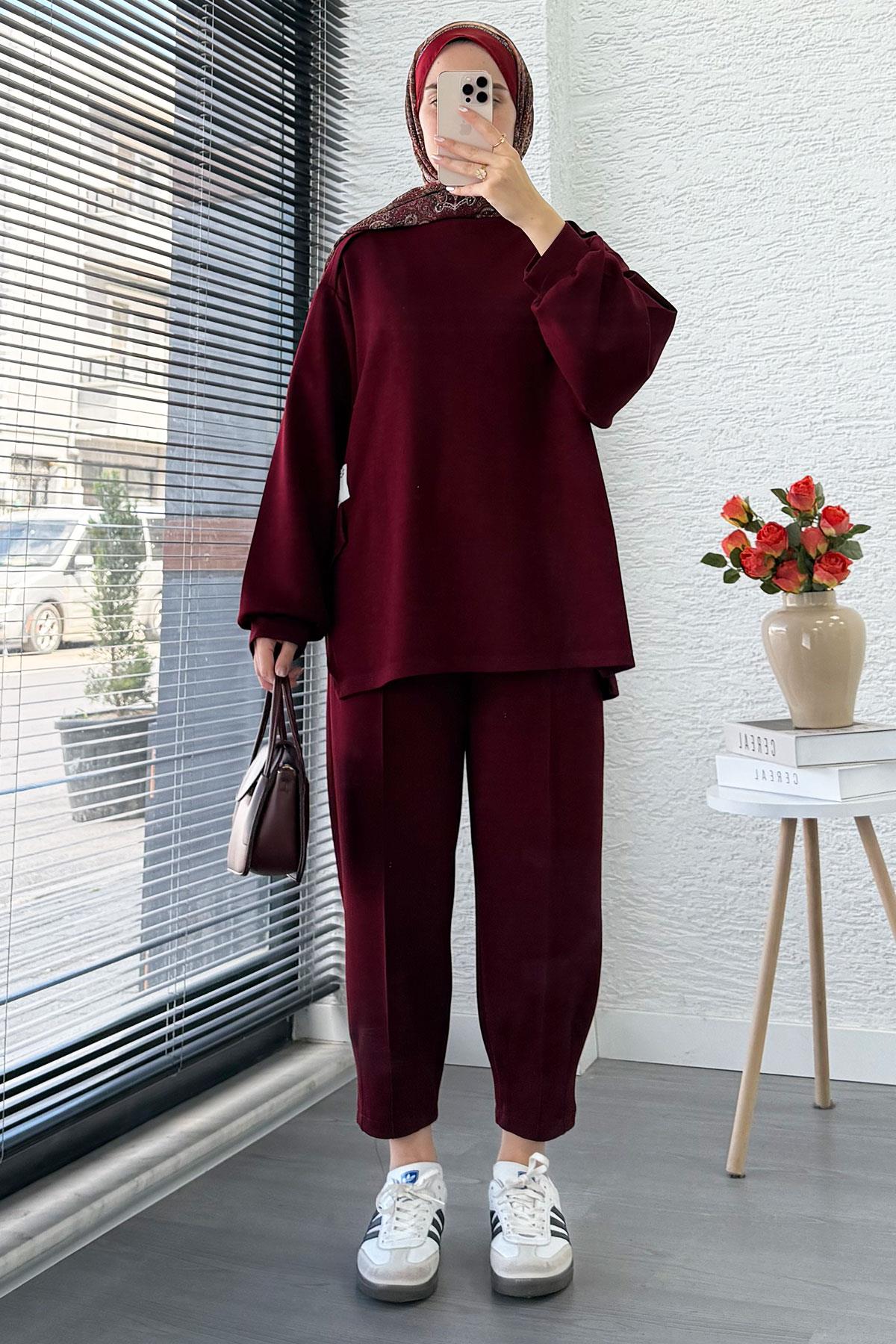 Şalvar Kesim Pantolonlu Kadın İkili Takım - Bordo