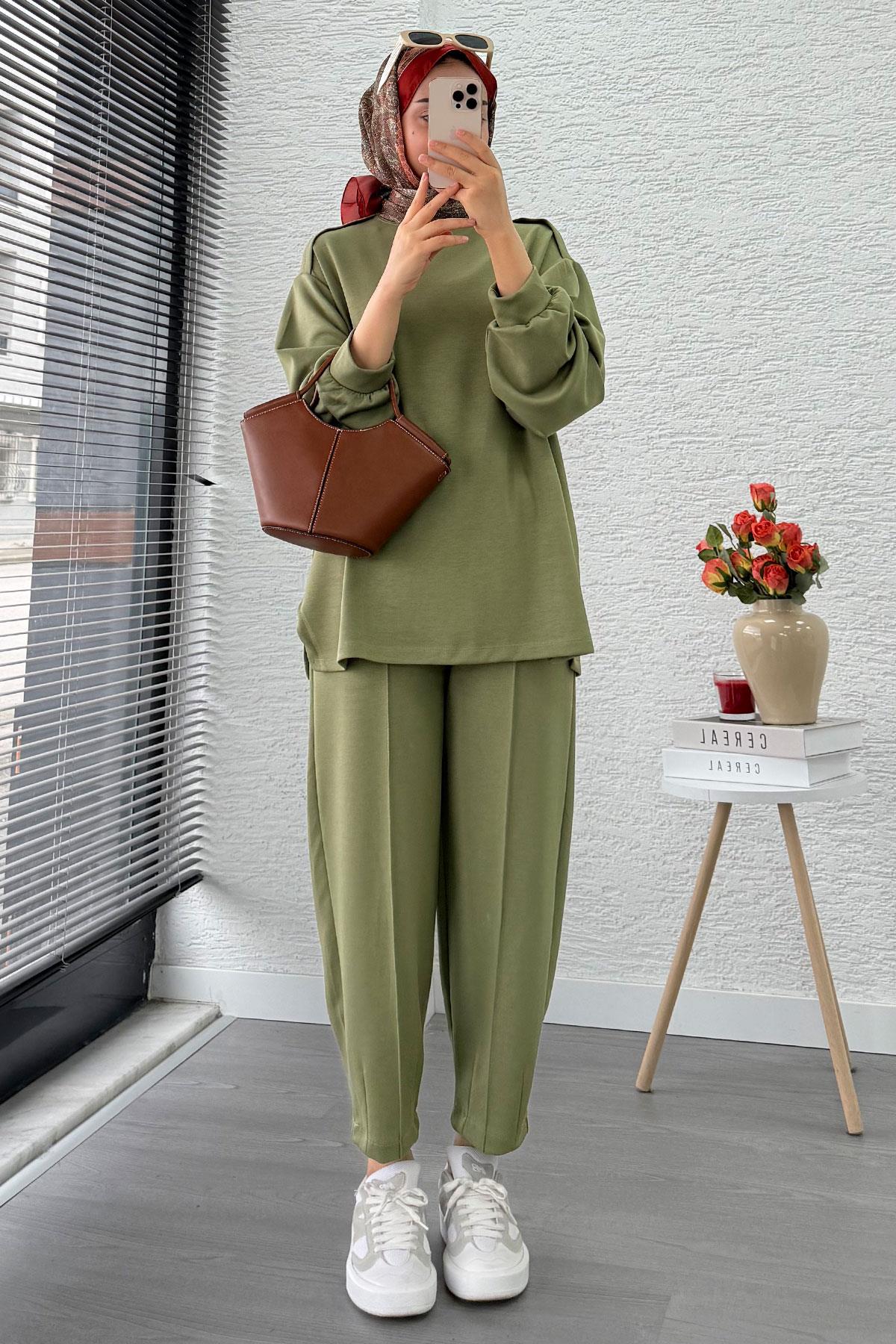 Şalvar Kesim Pantolonlu Kadın İkili Takım - Yeşil