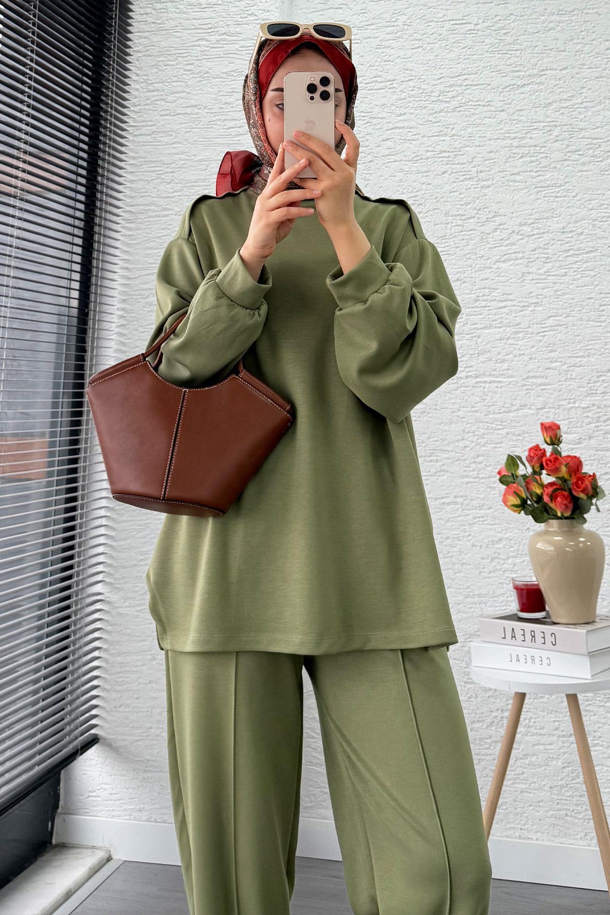 Şalvar Kesim Pantolonlu Kadın İkili Takım - Yeşil