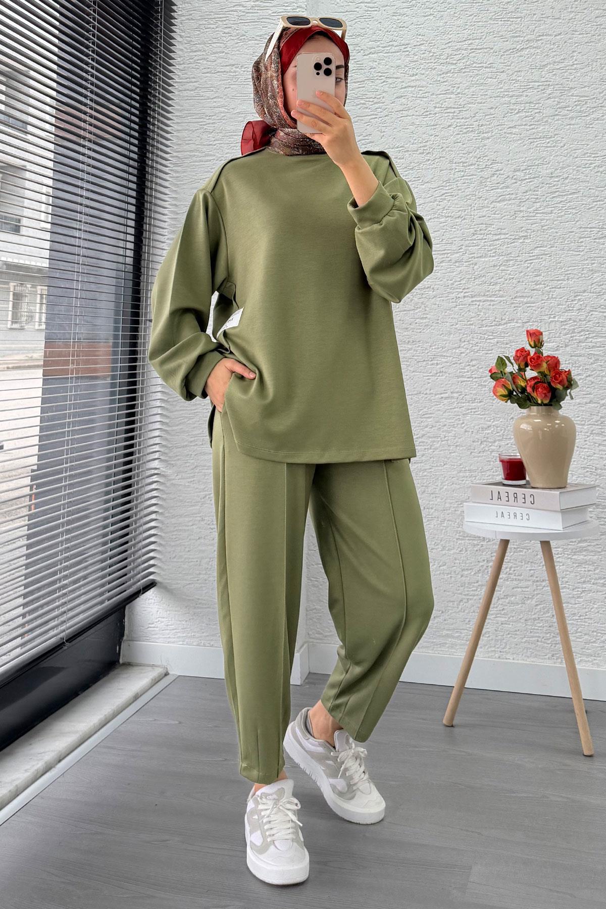 Şalvar Kesim Pantolonlu Kadın İkili Takım - Yeşil