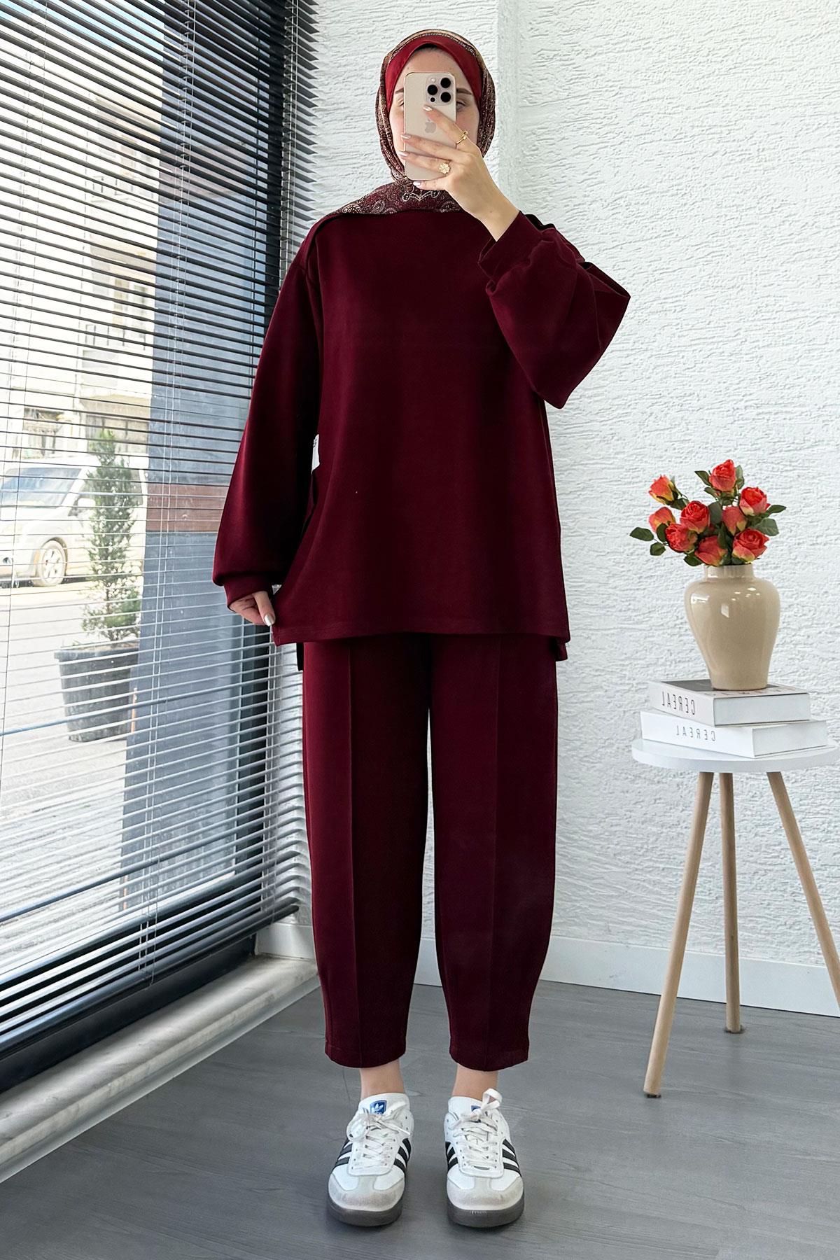 Şalvar Kesim Pantolonlu Kadın İkili Takım - Bordo