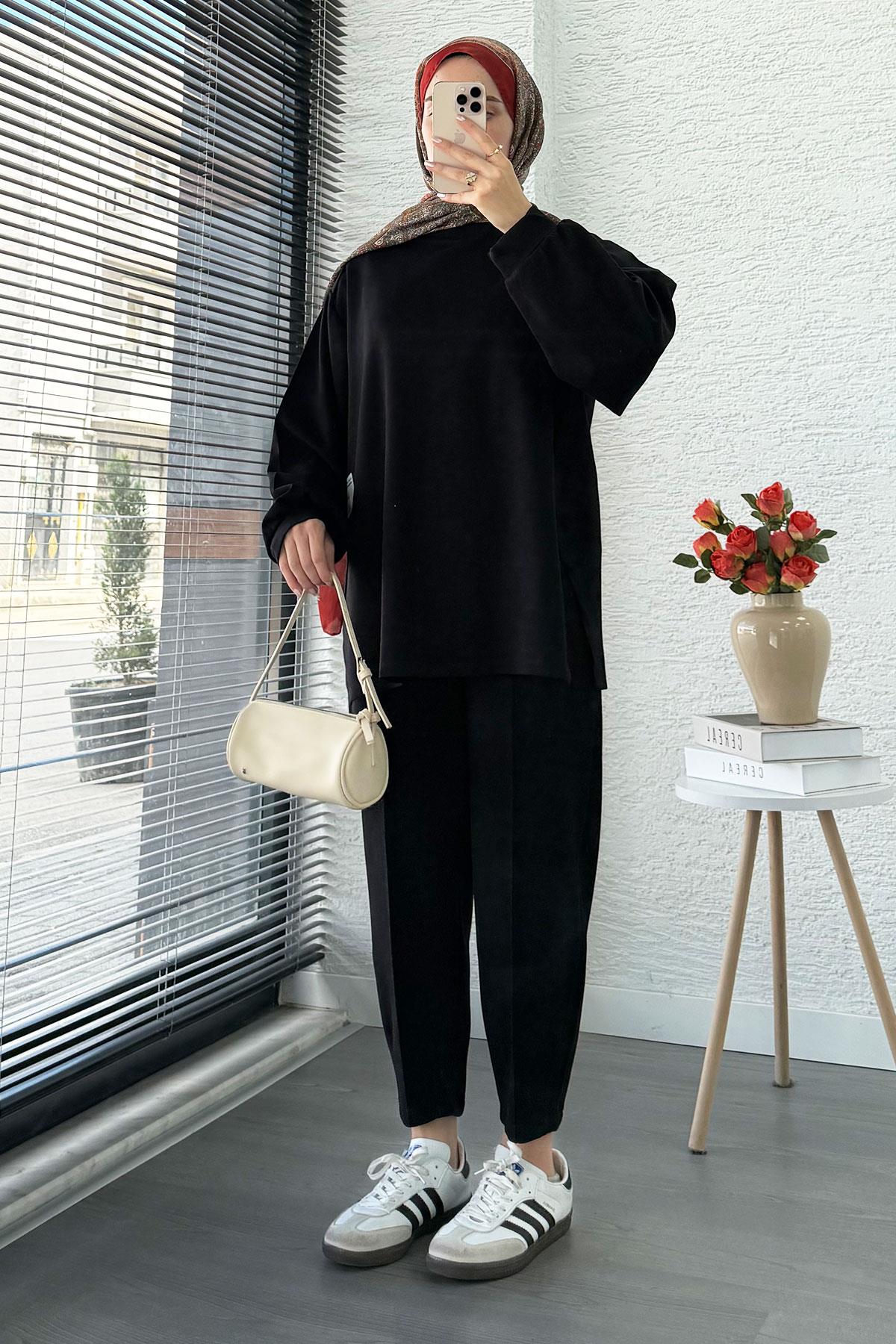 Şalvar Kesim Pantolonlu Kadın İkili Takım - Siyah