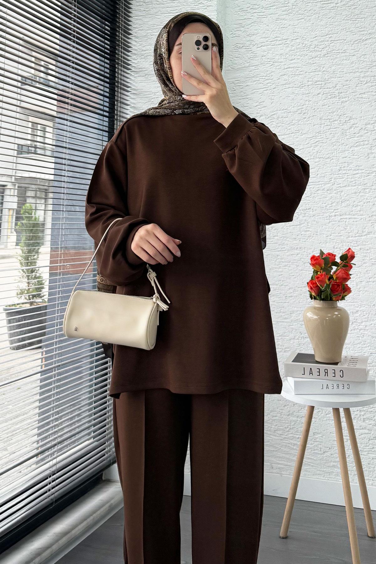 Şalvar Kesim Pantolonlu Kadın İkili Takım - Kahverengi