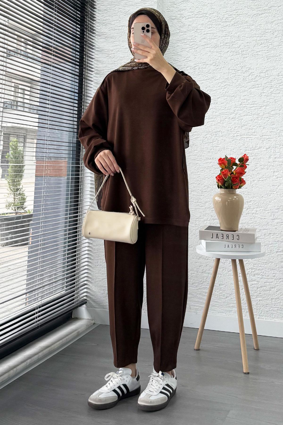 Şalvar Kesim Pantolonlu Kadın İkili Takım - Kahverengi