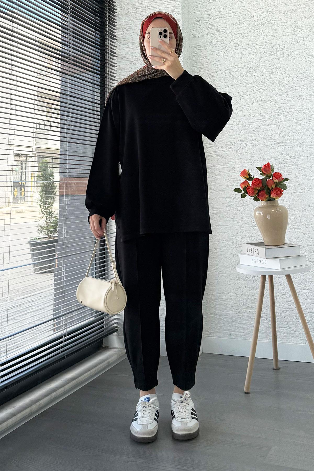 Şalvar Kesim Pantolonlu Kadın İkili Takım - Siyah