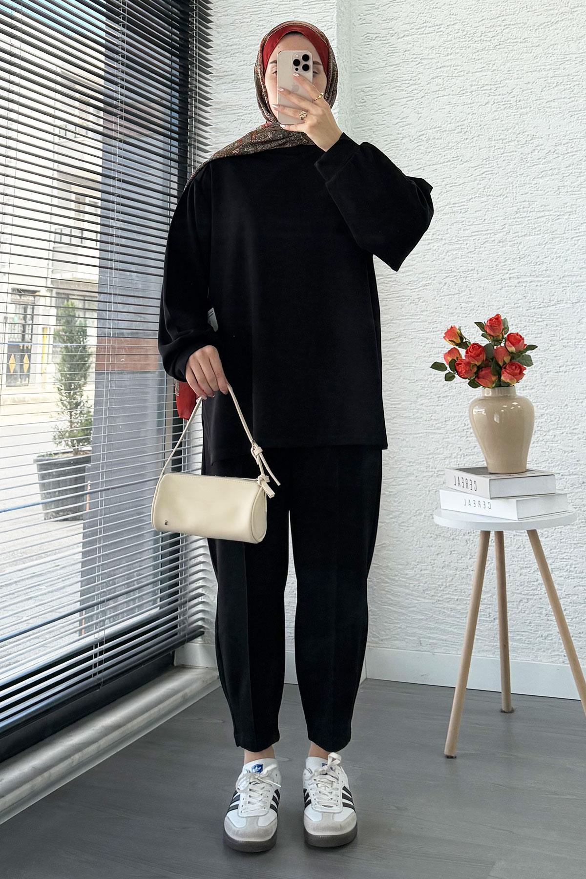 Şalvar Kesim Pantolonlu Kadın İkili Takım - Siyah