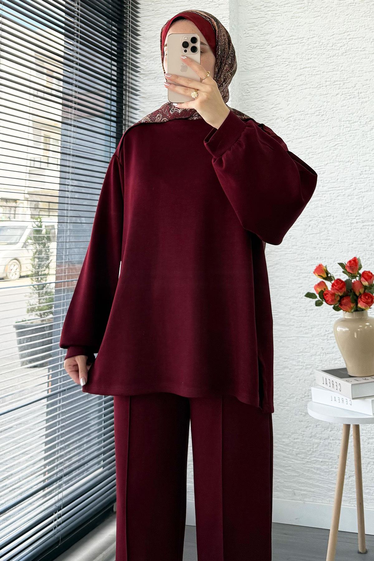 Şalvar Kesim Pantolonlu Kadın İkili Takım - Bordo