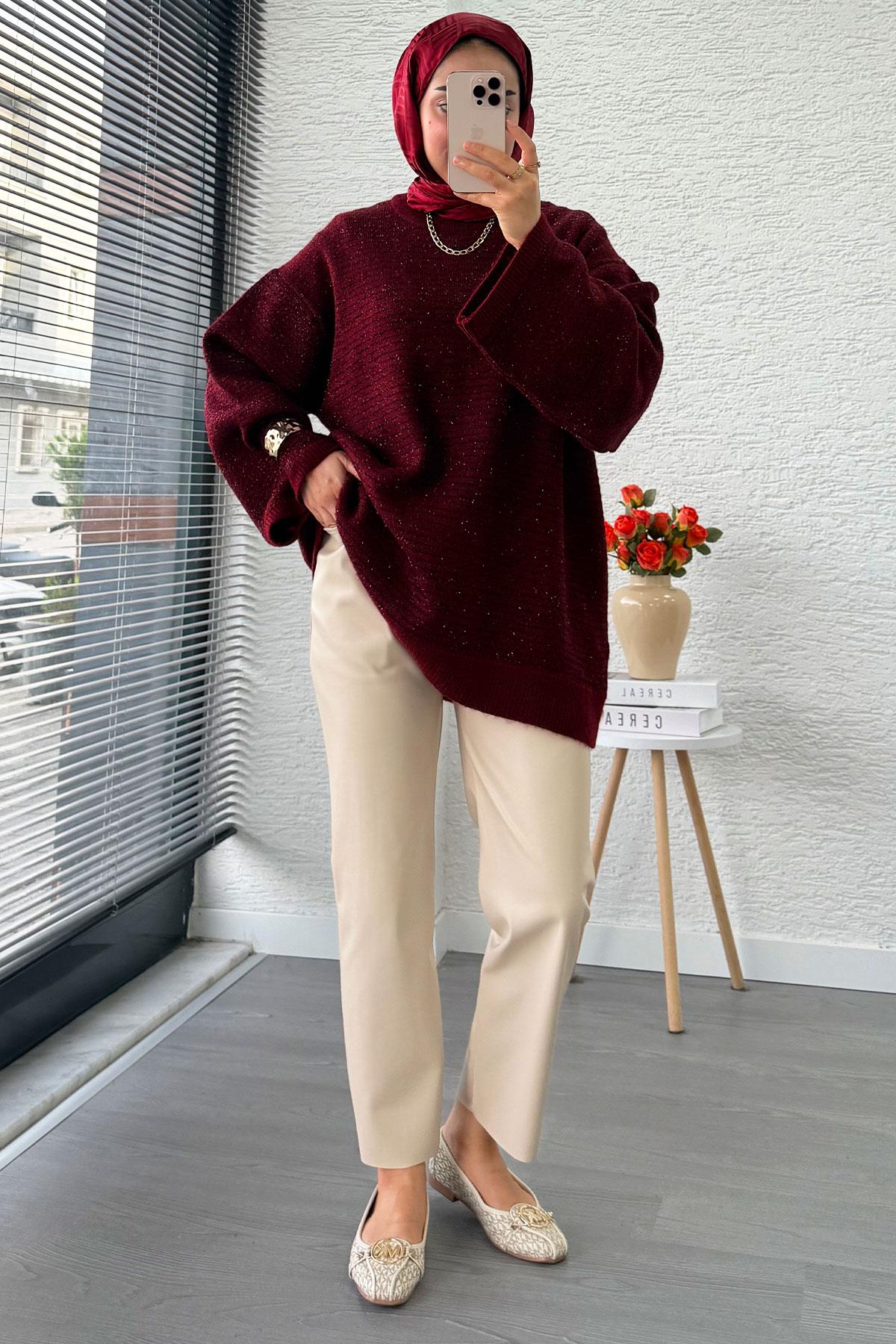 Sim Geçişli Oversize Kadın Triko Kazak – Bordo