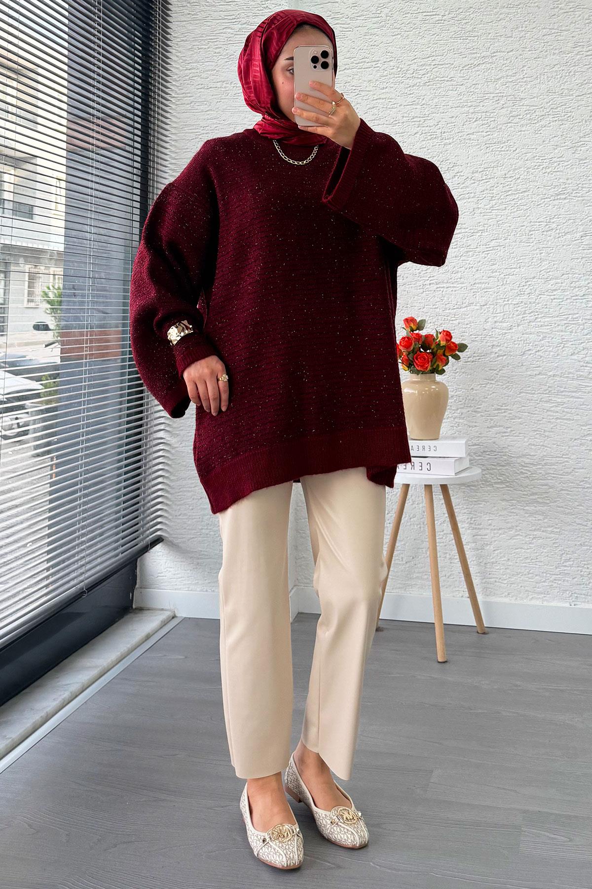 Sim Geçişli Oversize Kadın Triko Kazak – Bordo