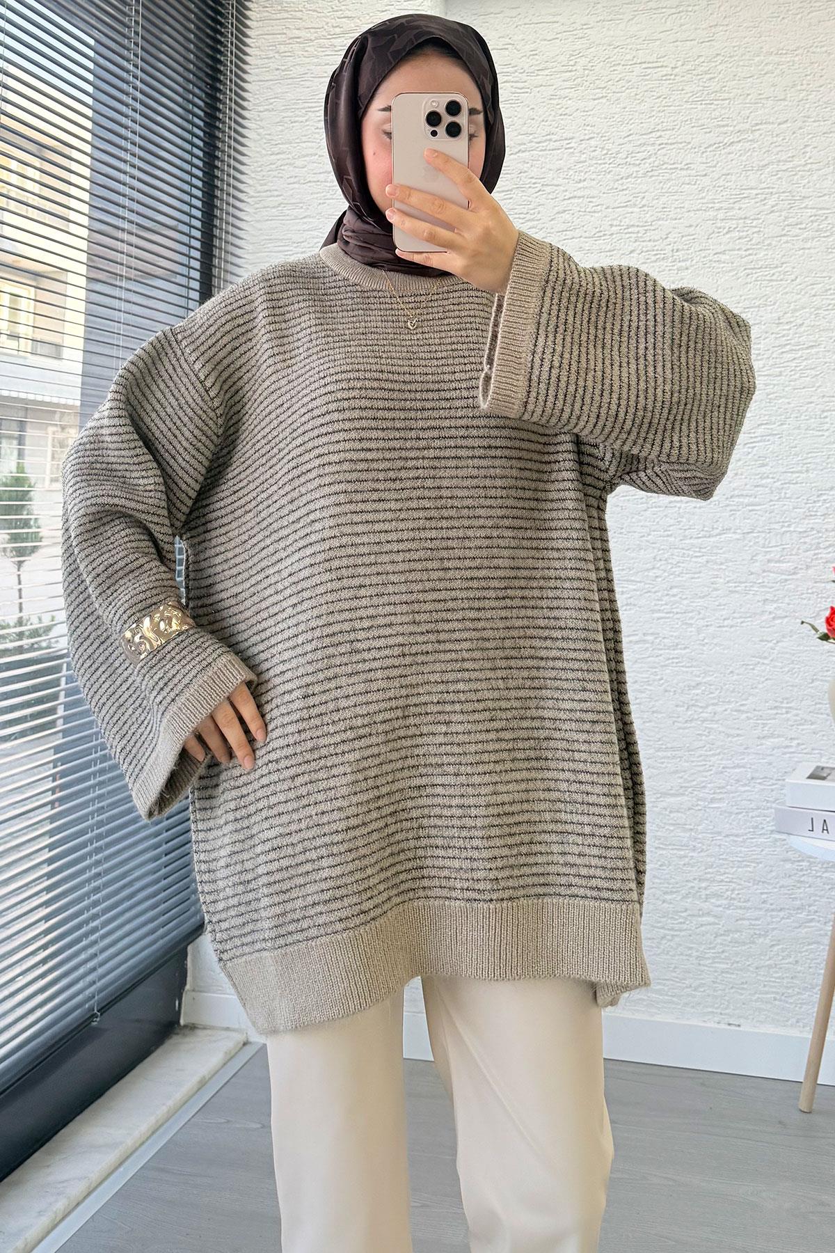 Sim Geçişli Oversize Kadın Triko Kazak – Vizon