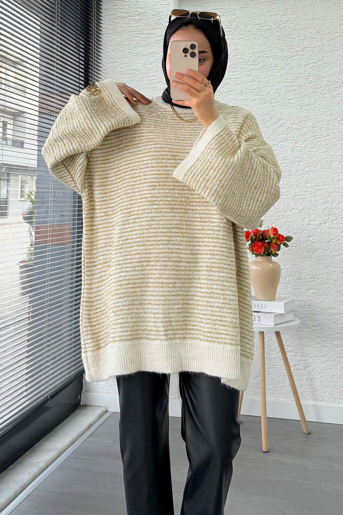 Sim Geçişli Oversize Kadın Triko Kazak – Ekru