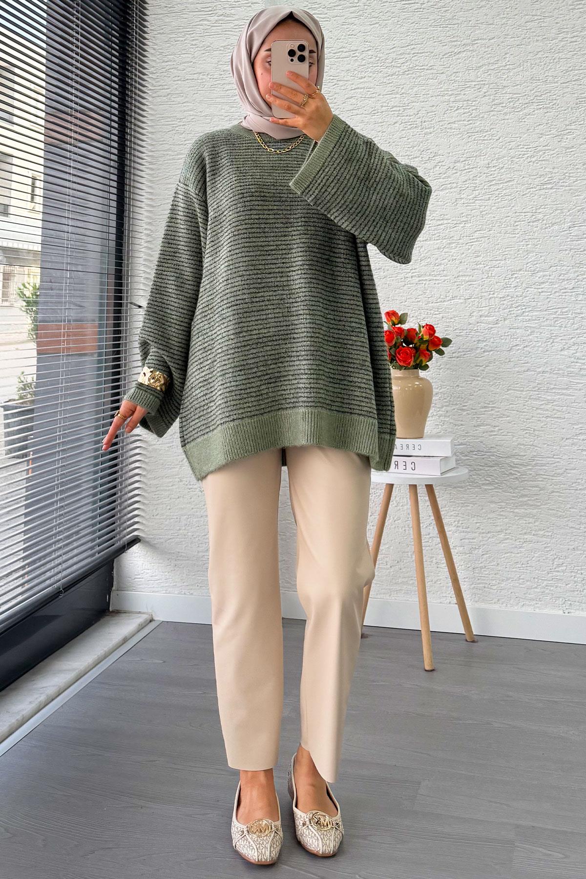 Sim Geçişli Oversize Kadın Triko Kazak – Mint