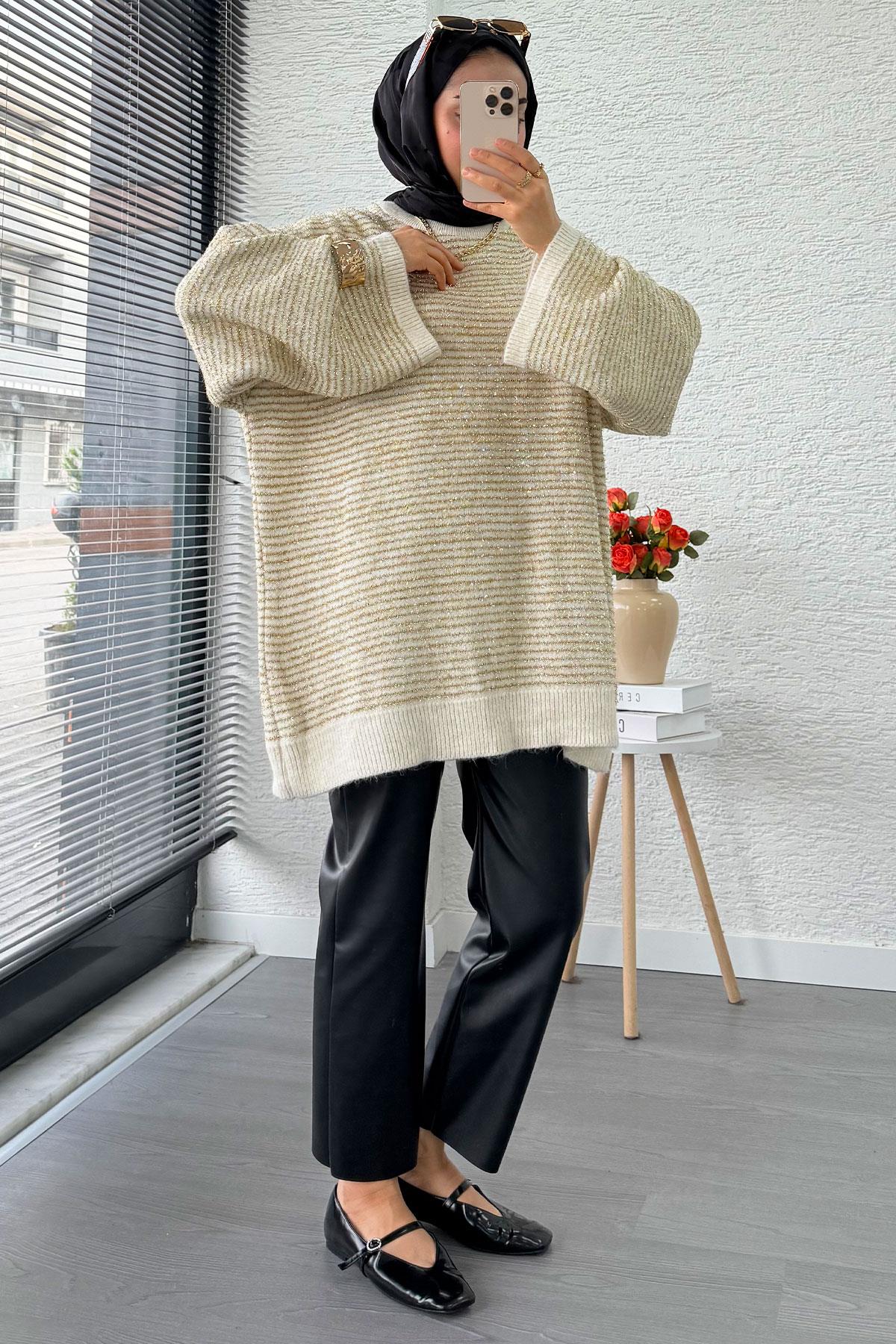 Sim Geçişli Oversize Kadın Triko Kazak – Ekru