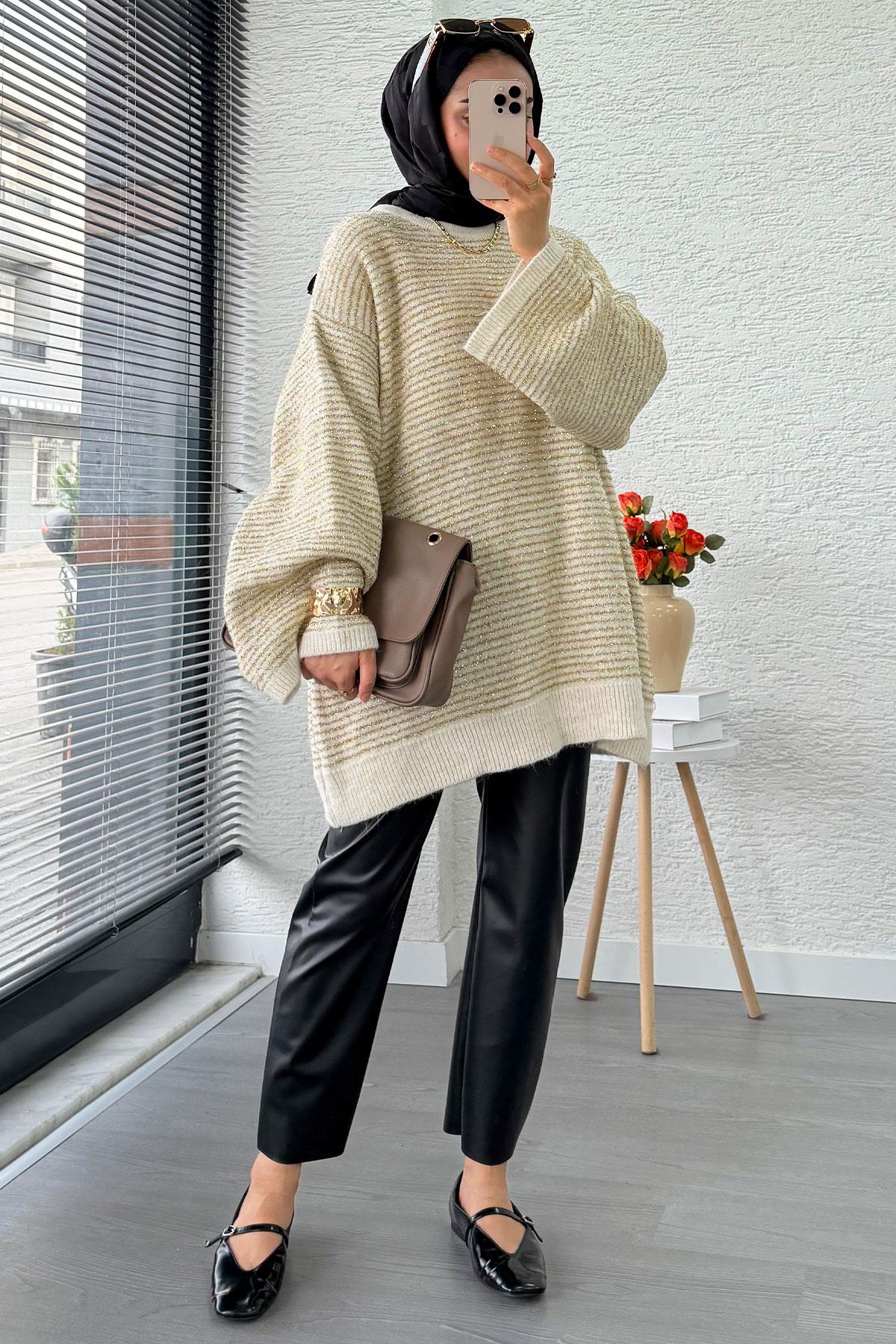 Sim Geçişli Oversize Kadın Triko Kazak – Ekru