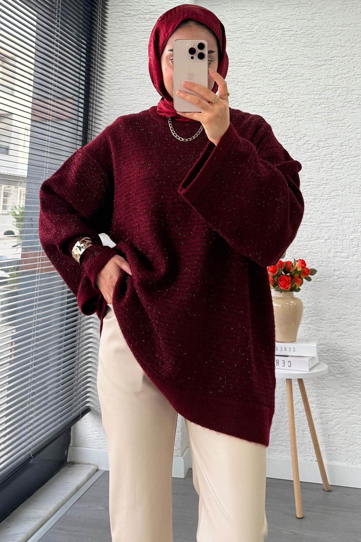 Sim Geçişli Oversize Kadın Triko Kazak – Bordo