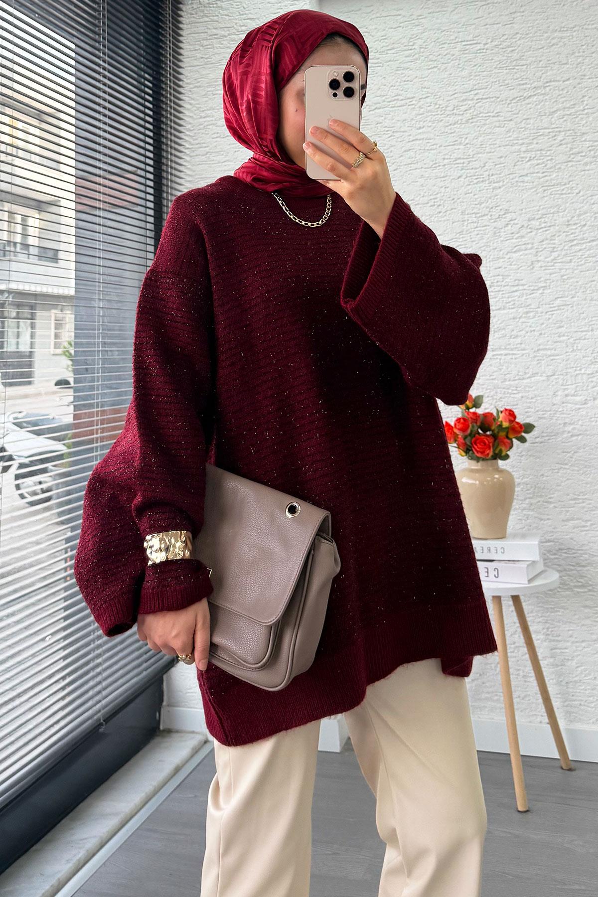 Sim Geçişli Oversize Kadın Triko Kazak – Bordo
