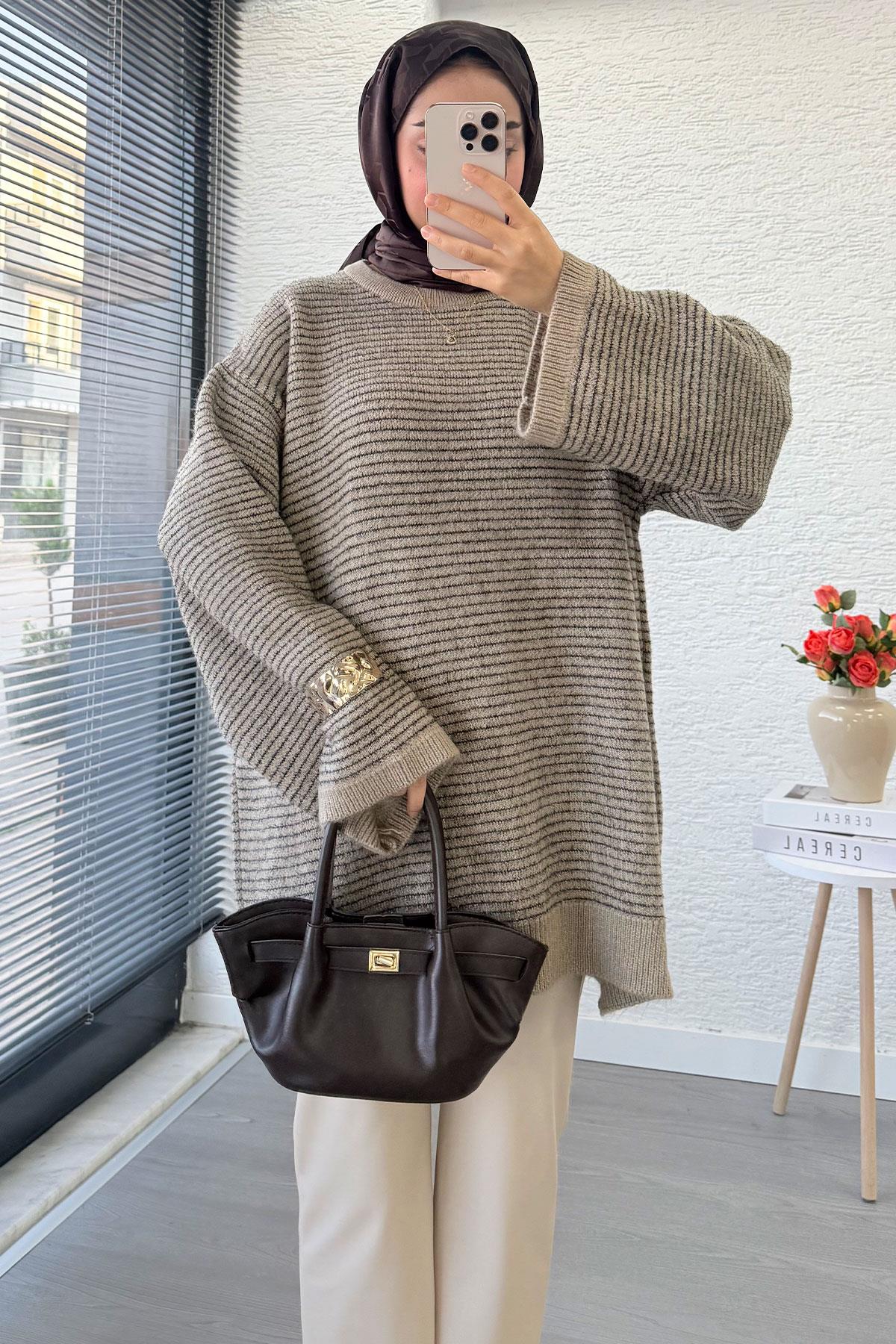 Sim Geçişli Oversize Kadın Triko Kazak – Vizon