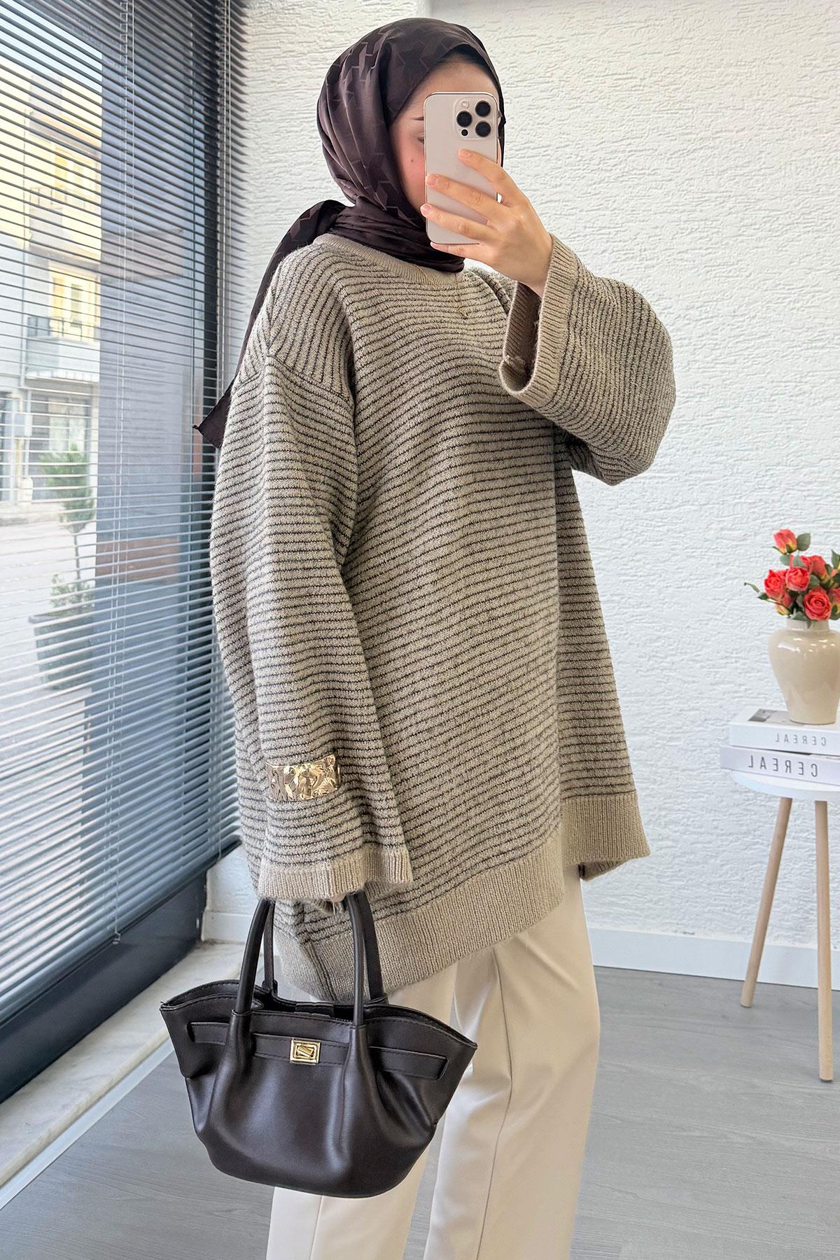 Sim Geçişli Oversize Kadın Triko Kazak – Vizon