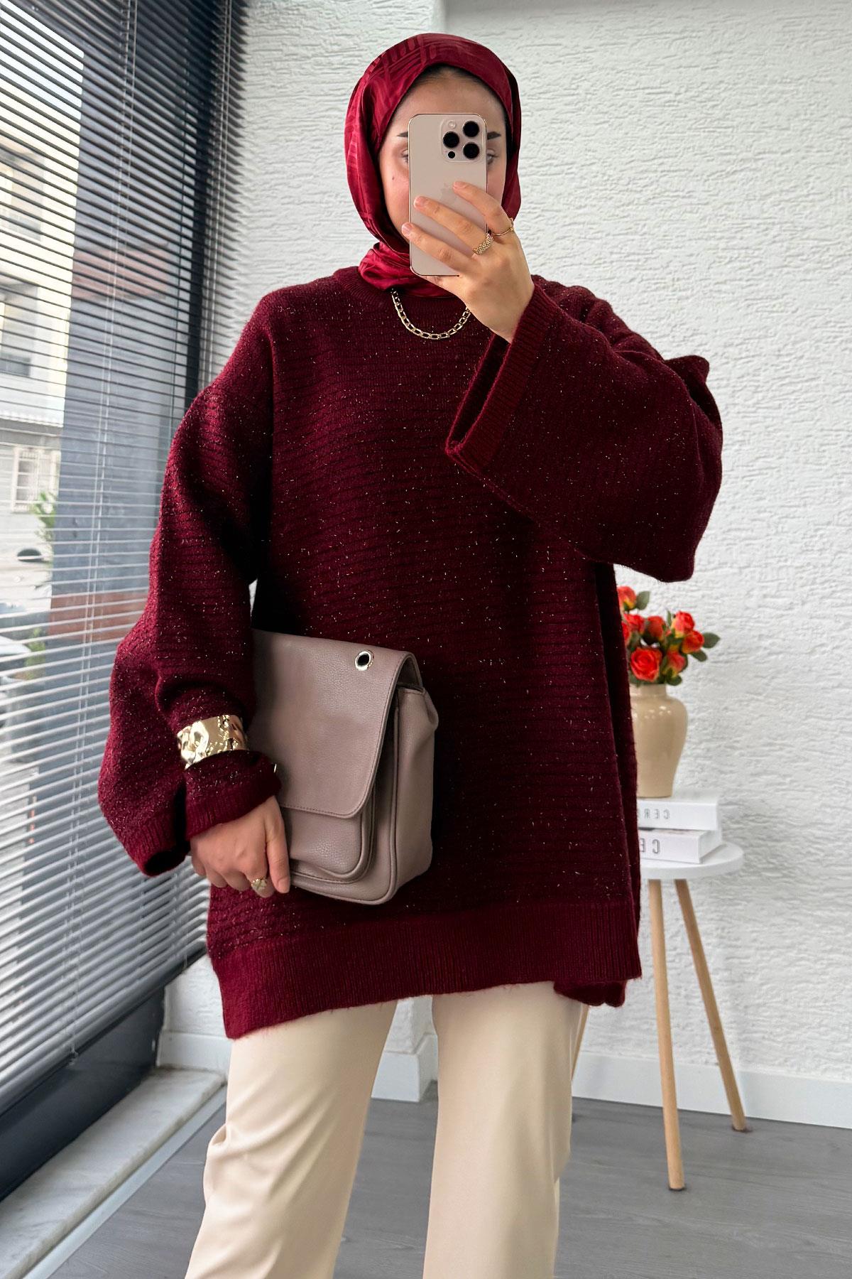 Sim Geçişli Oversize Kadın Triko Kazak – Bordo