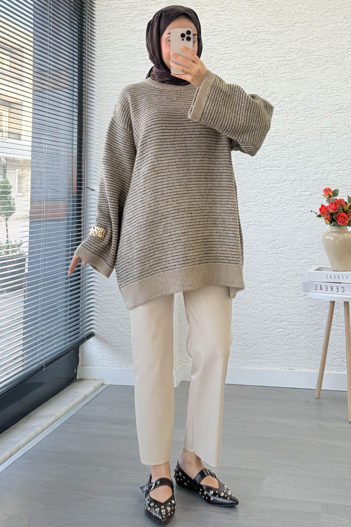 Sim Geçişli Oversize Kadın Triko Kazak – Vizon