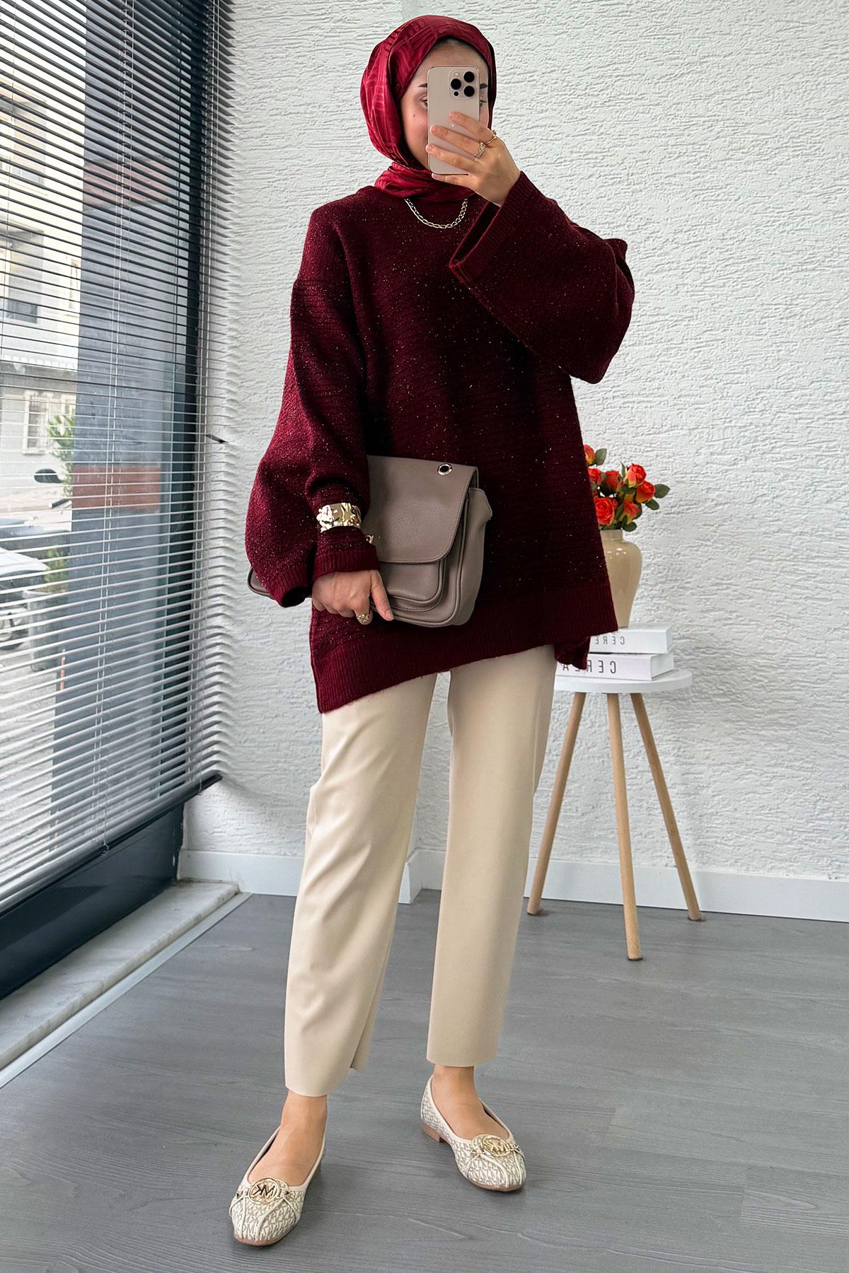 Sim Geçişli Oversize Kadın Triko Kazak – Bordo