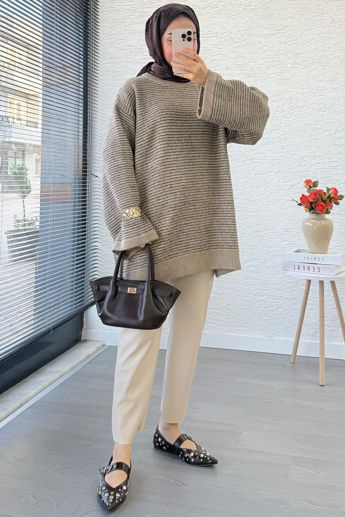 Sim Geçişli Oversize Kadın Triko Kazak – Vizon