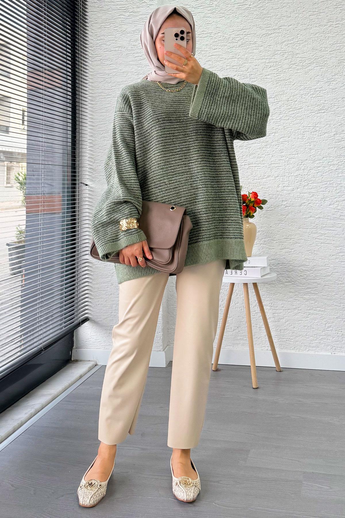 Sim Geçişli Oversize Kadın Triko Kazak – Mint