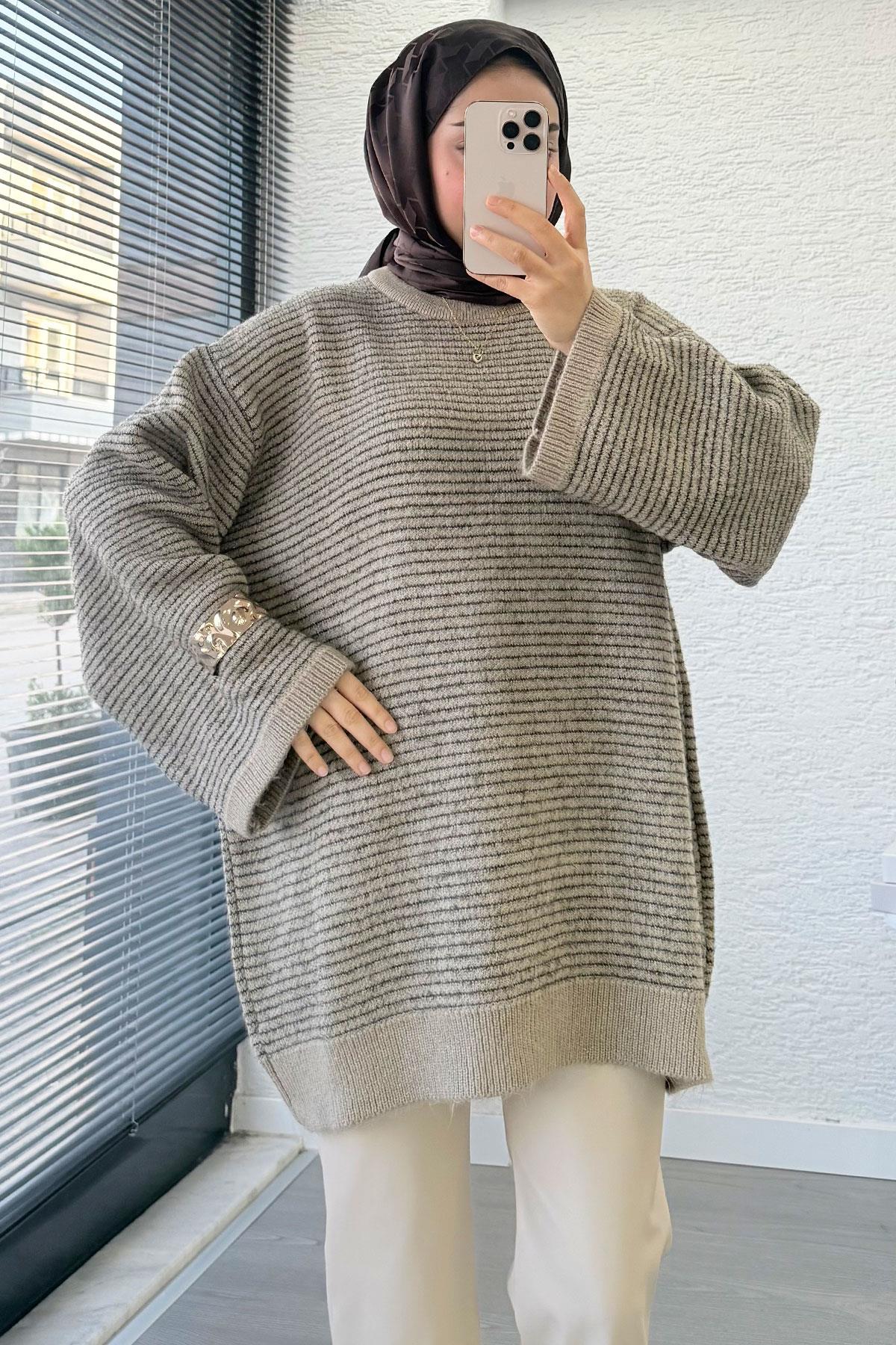 Sim Geçişli Oversize Kadın Triko Kazak – Vizon