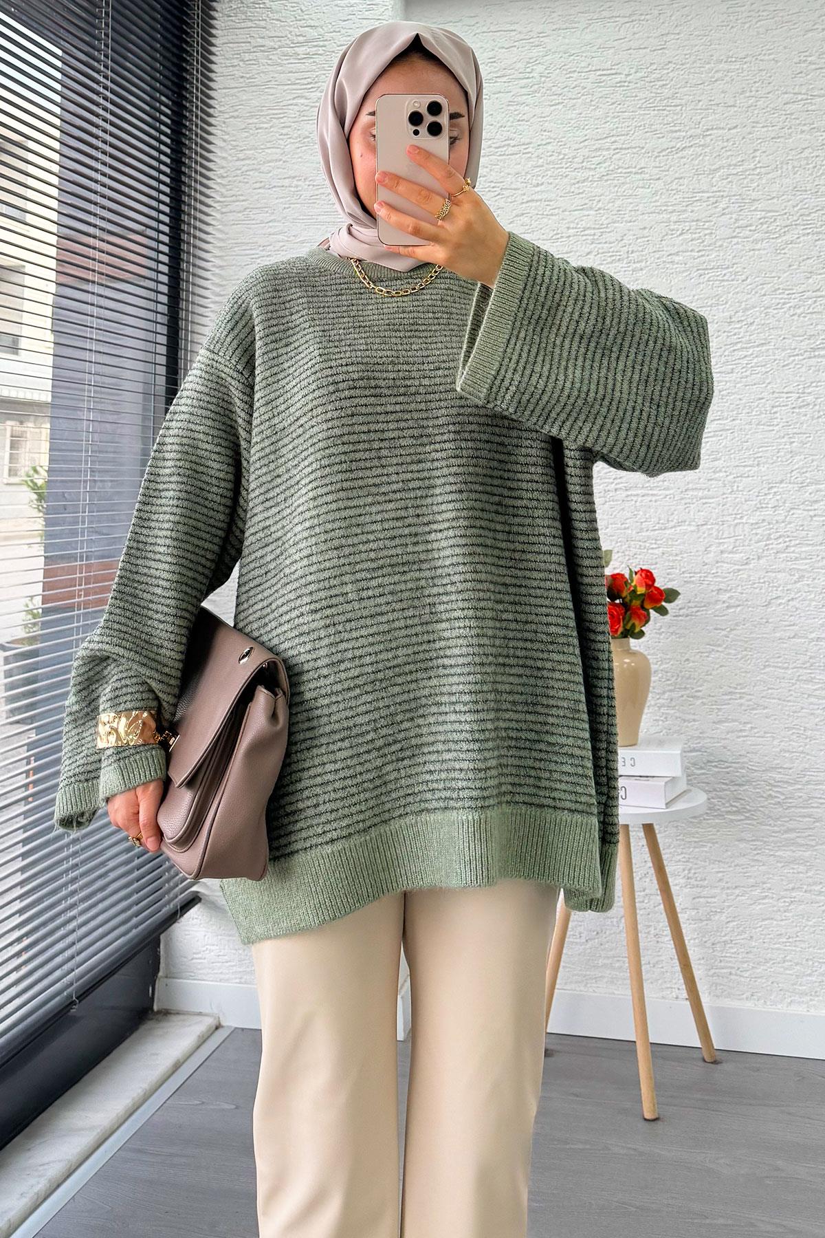 Sim Geçişli Oversize Kadın Triko Kazak – Mint