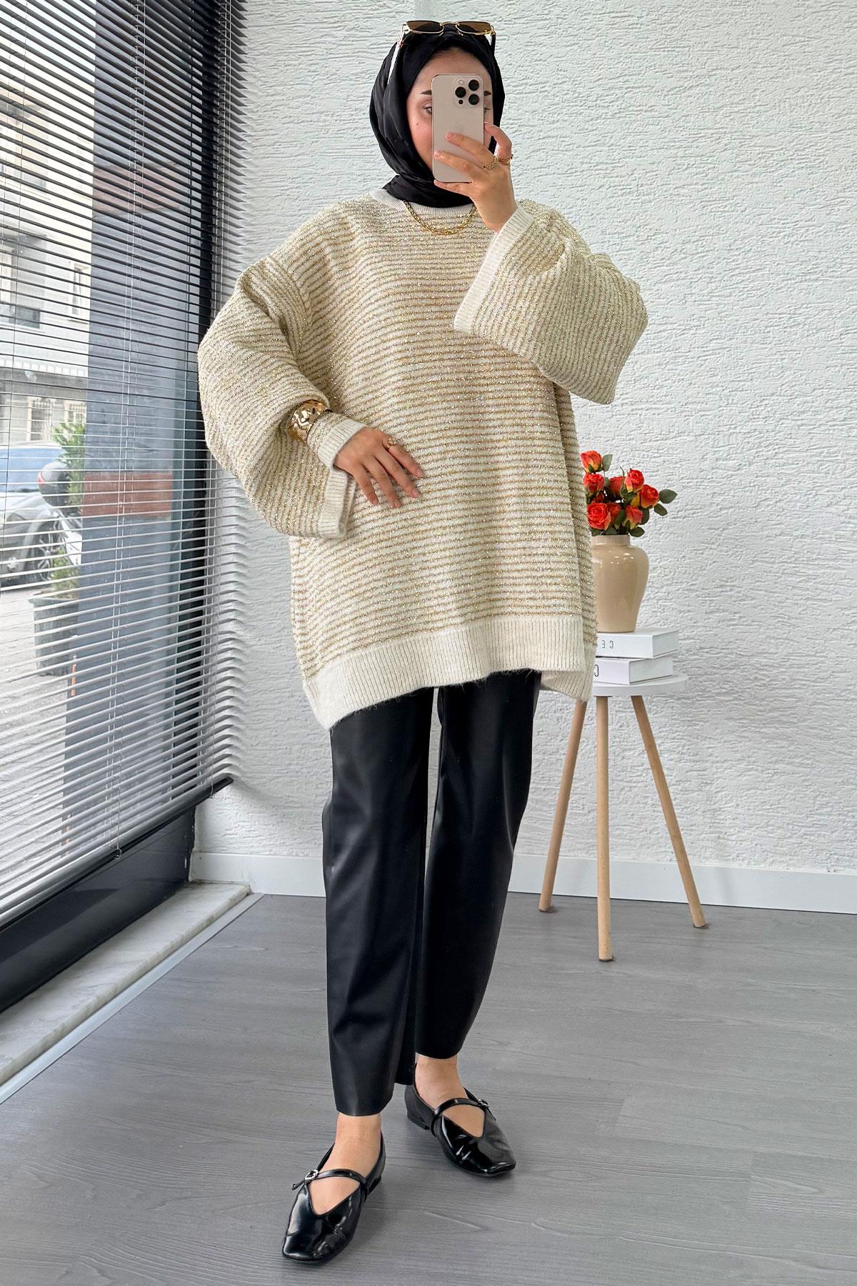 Sim Geçişli Oversize Kadın Triko Kazak – Ekru