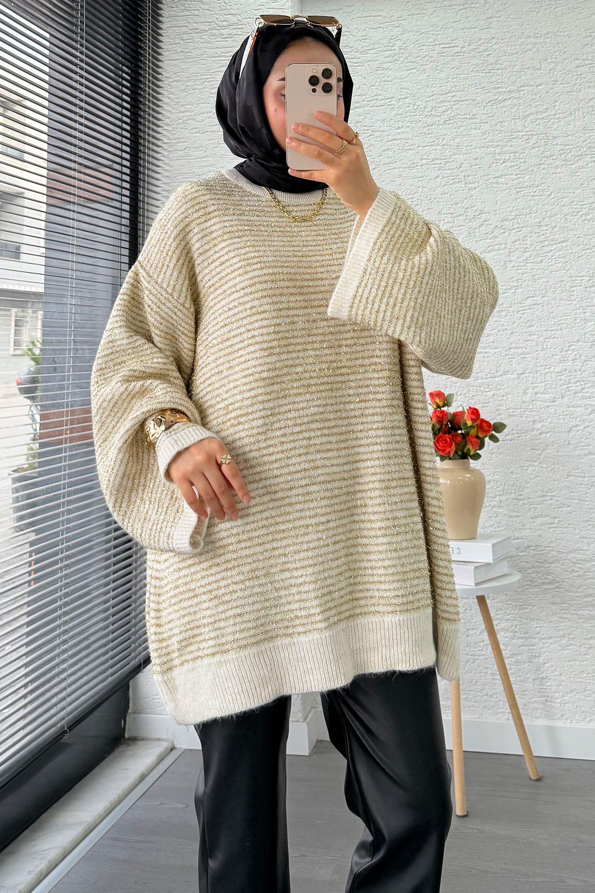 Sim Geçişli Oversize Kadın Triko Kazak – Ekru