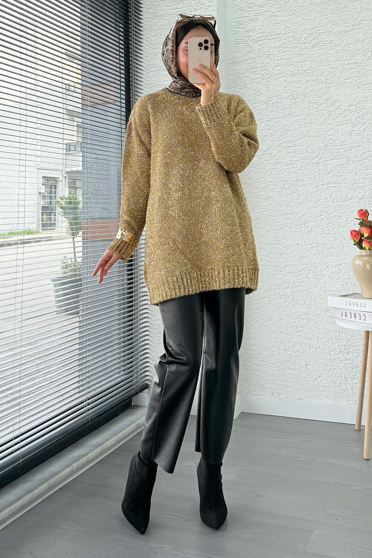 Simli Oversize Kadın Triko Kazak – Gold