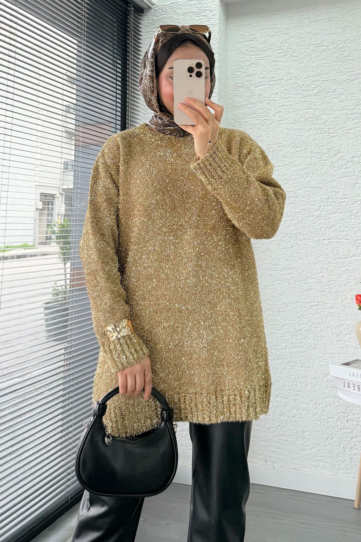 Simli Oversize Kadın Triko Kazak – Gold
