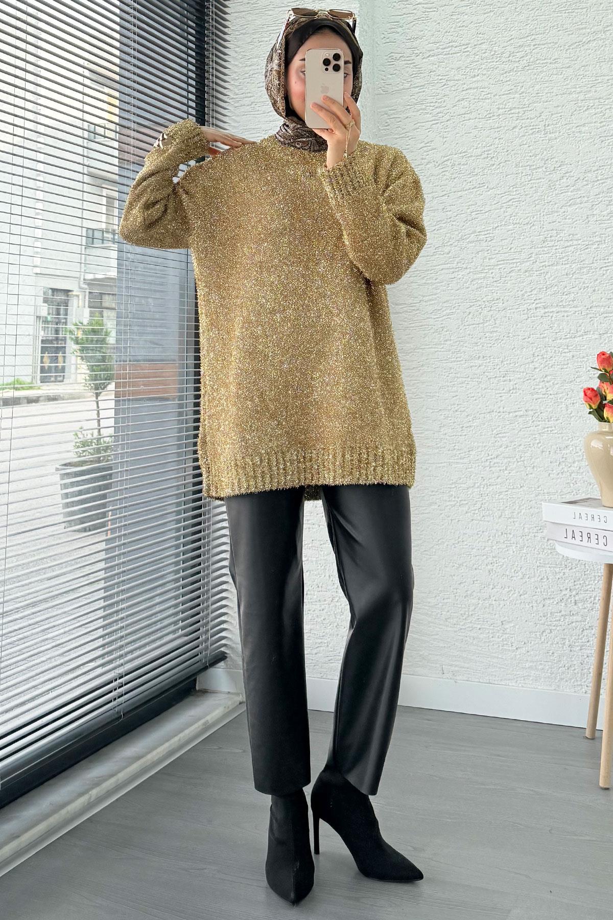 Simli Oversize Kadın Triko Kazak – Gold