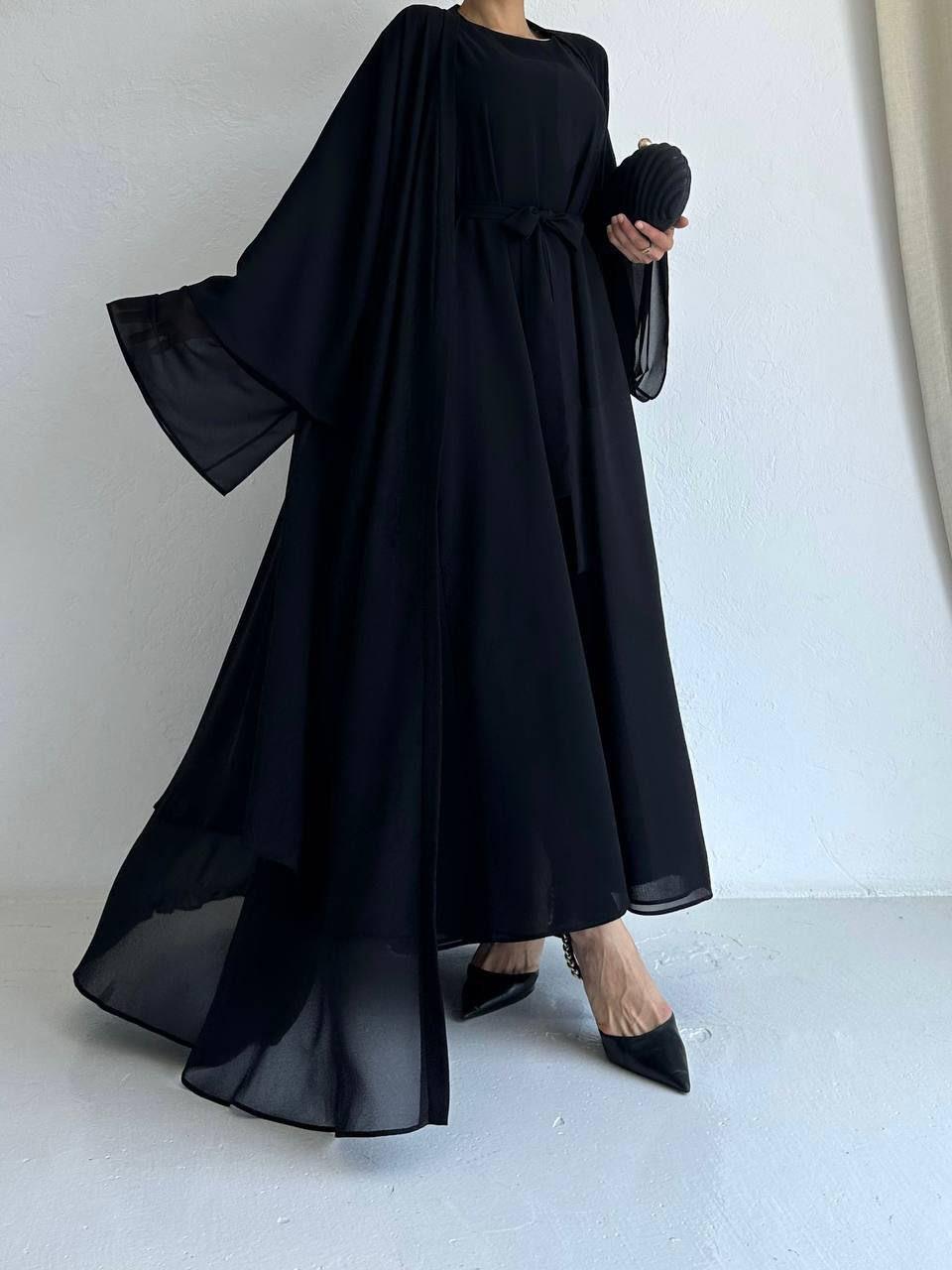 Siyah Anna Şifon Abaya Takım