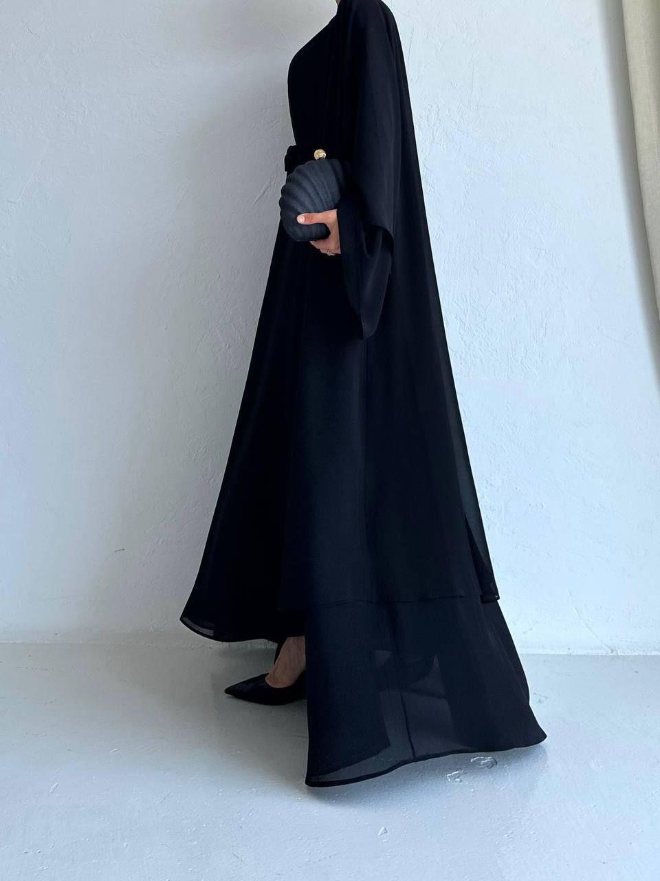 Siyah Anna Şifon Abaya Takım