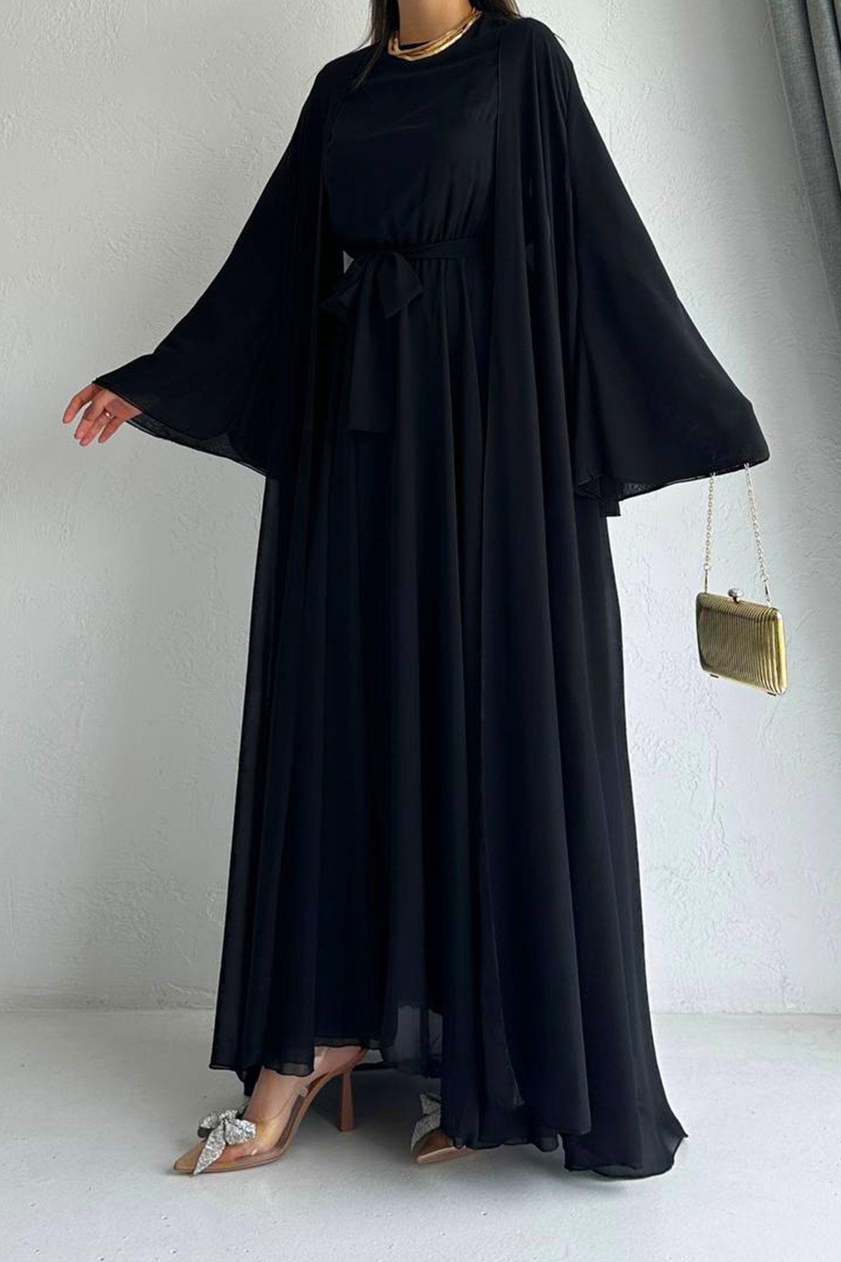 Siyah Bella Şifon Abaya Takım 