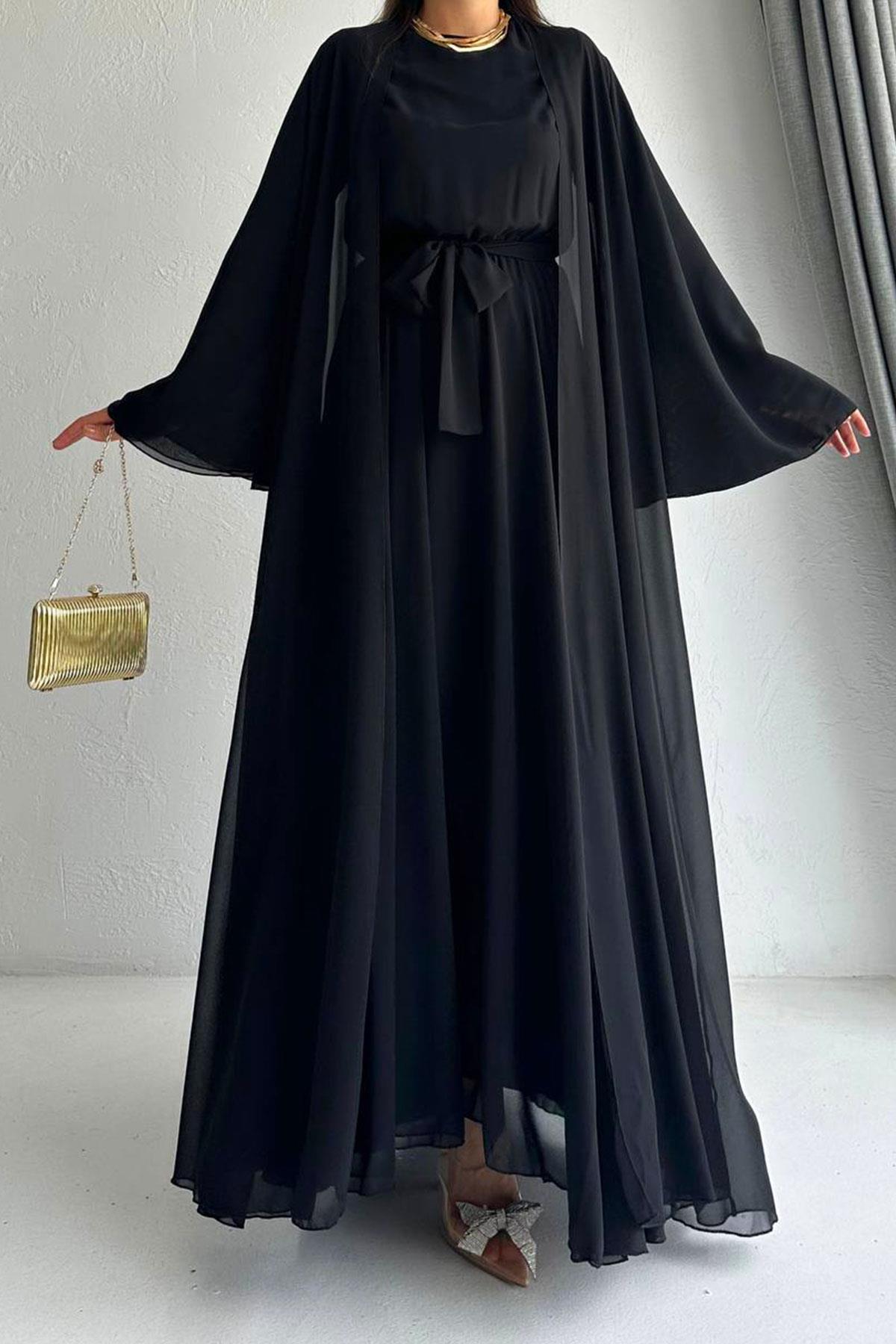 Siyah Bella Şifon Abaya Takım 