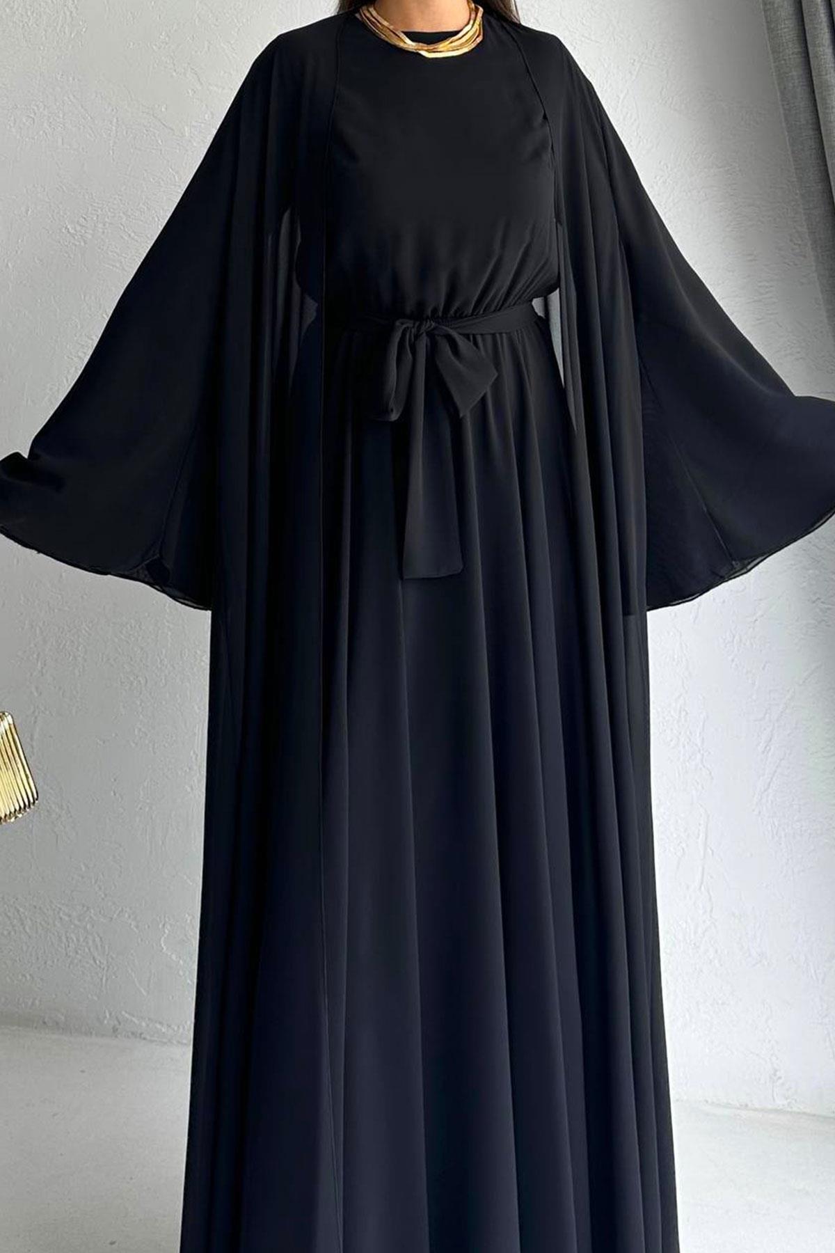 Siyah Bella Şifon Abaya Takım 