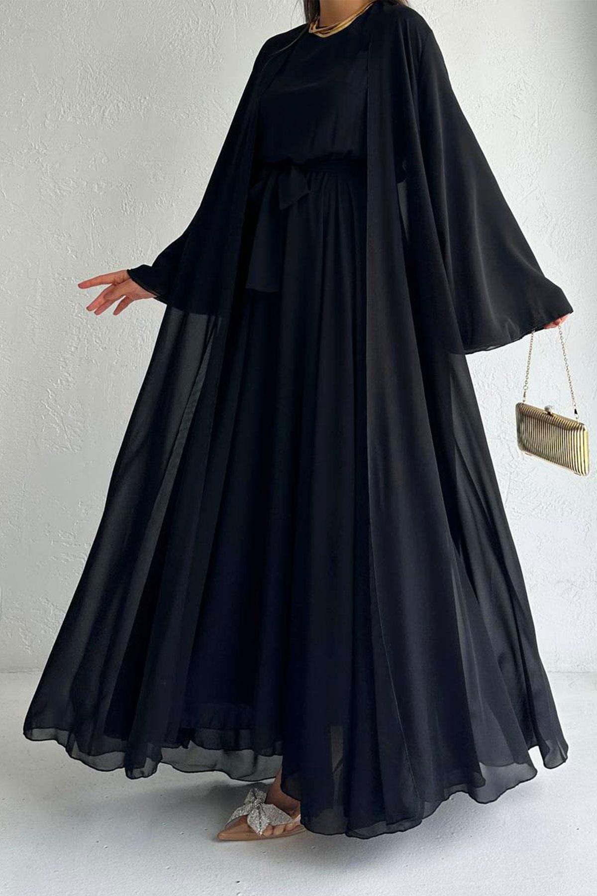 Siyah Bella Şifon Abaya Takım 