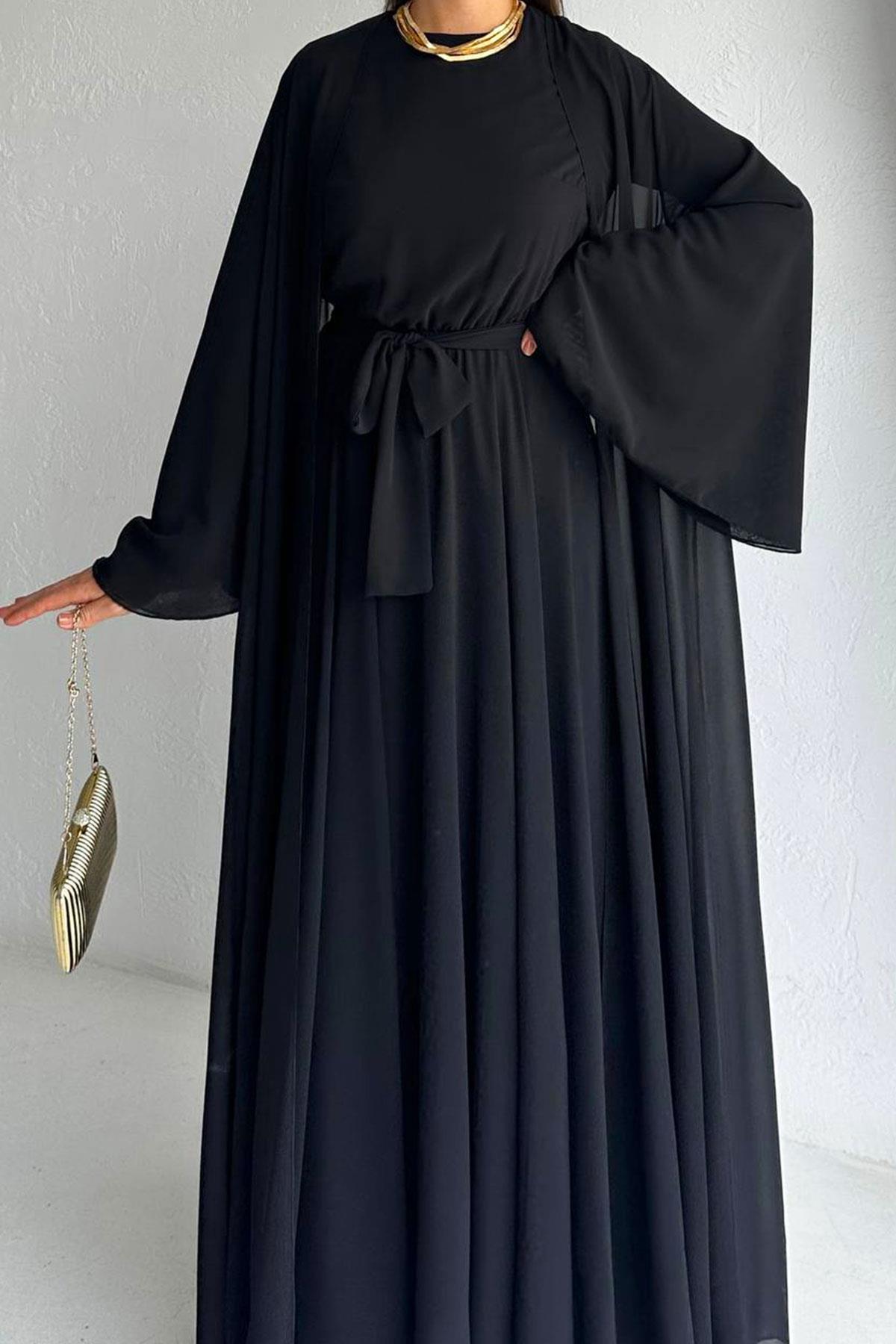 Siyah Bella Şifon Abaya Takım 