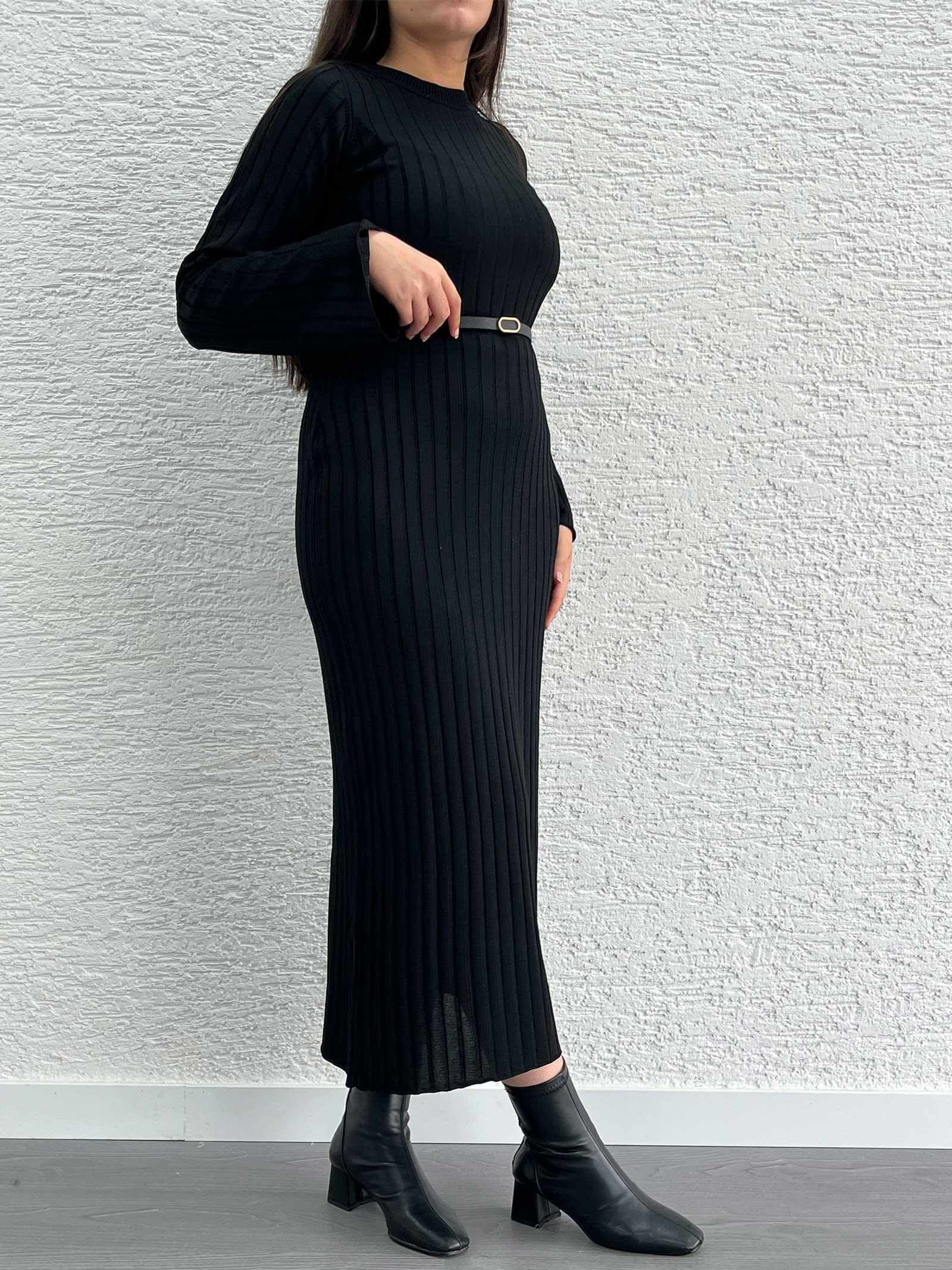 Siyah Fitilli Triko Elbise