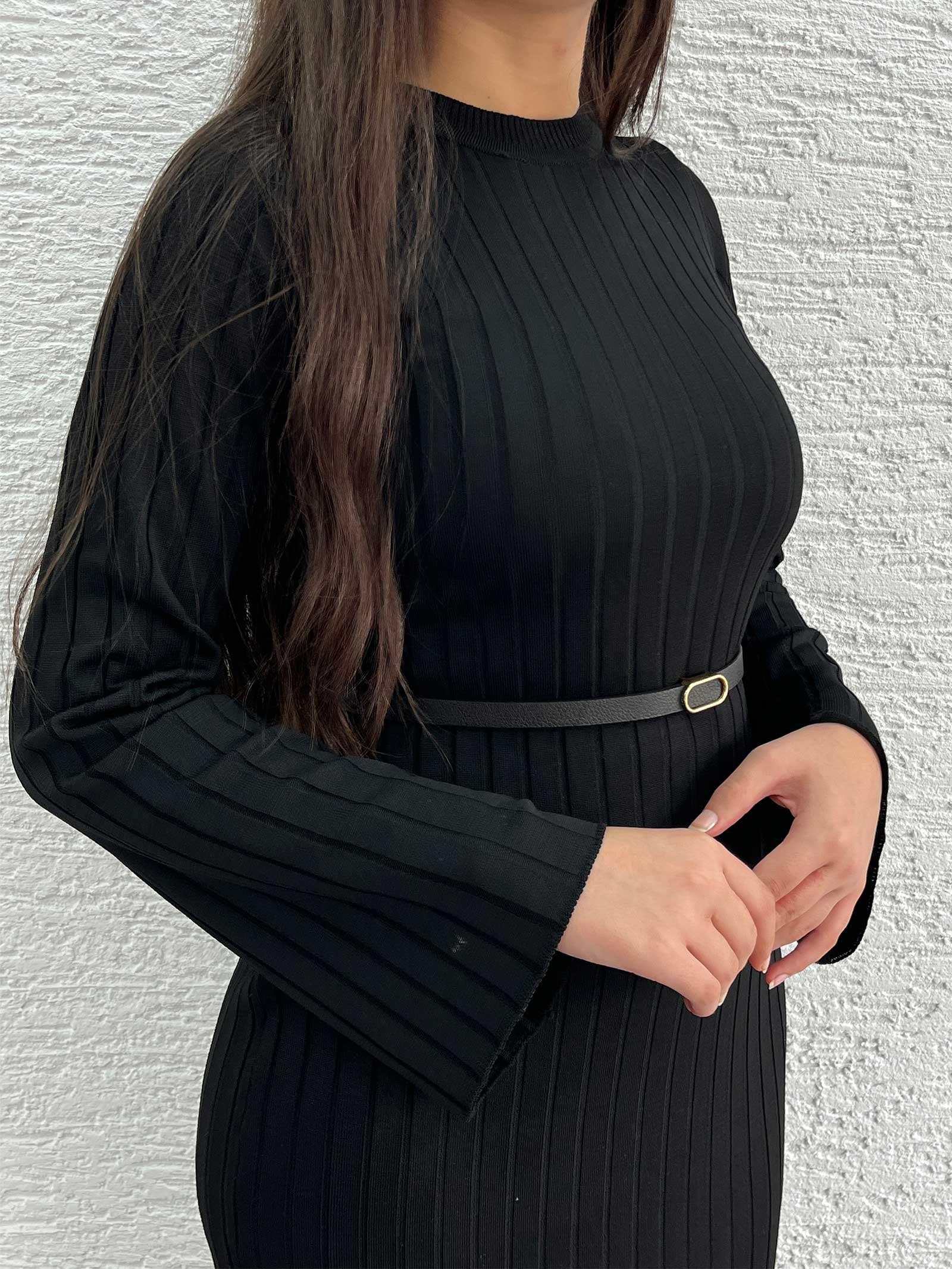 Siyah Fitilli Triko Elbise