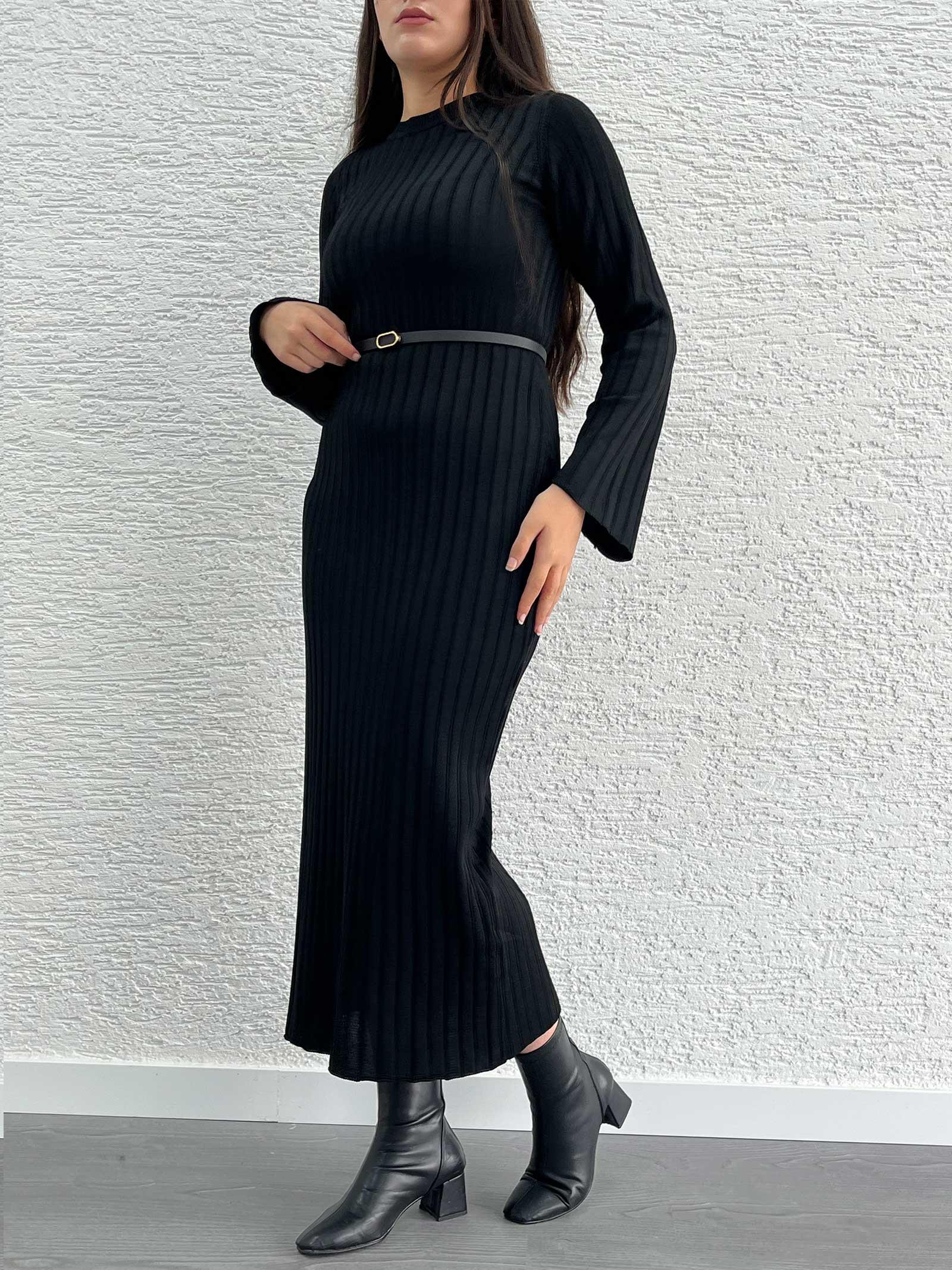 Siyah Fitilli Triko Elbise