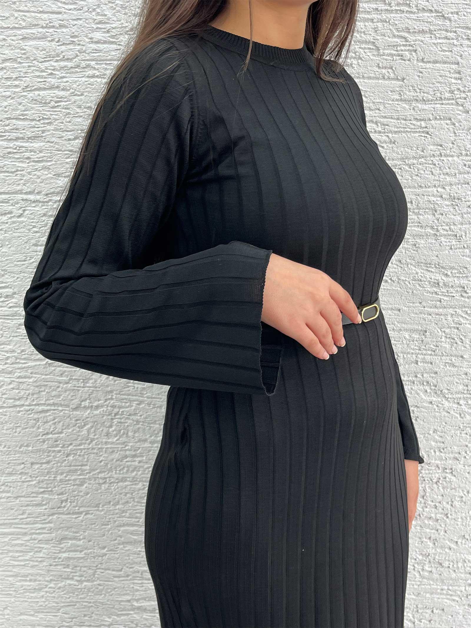 Siyah Fitilli Triko Elbise