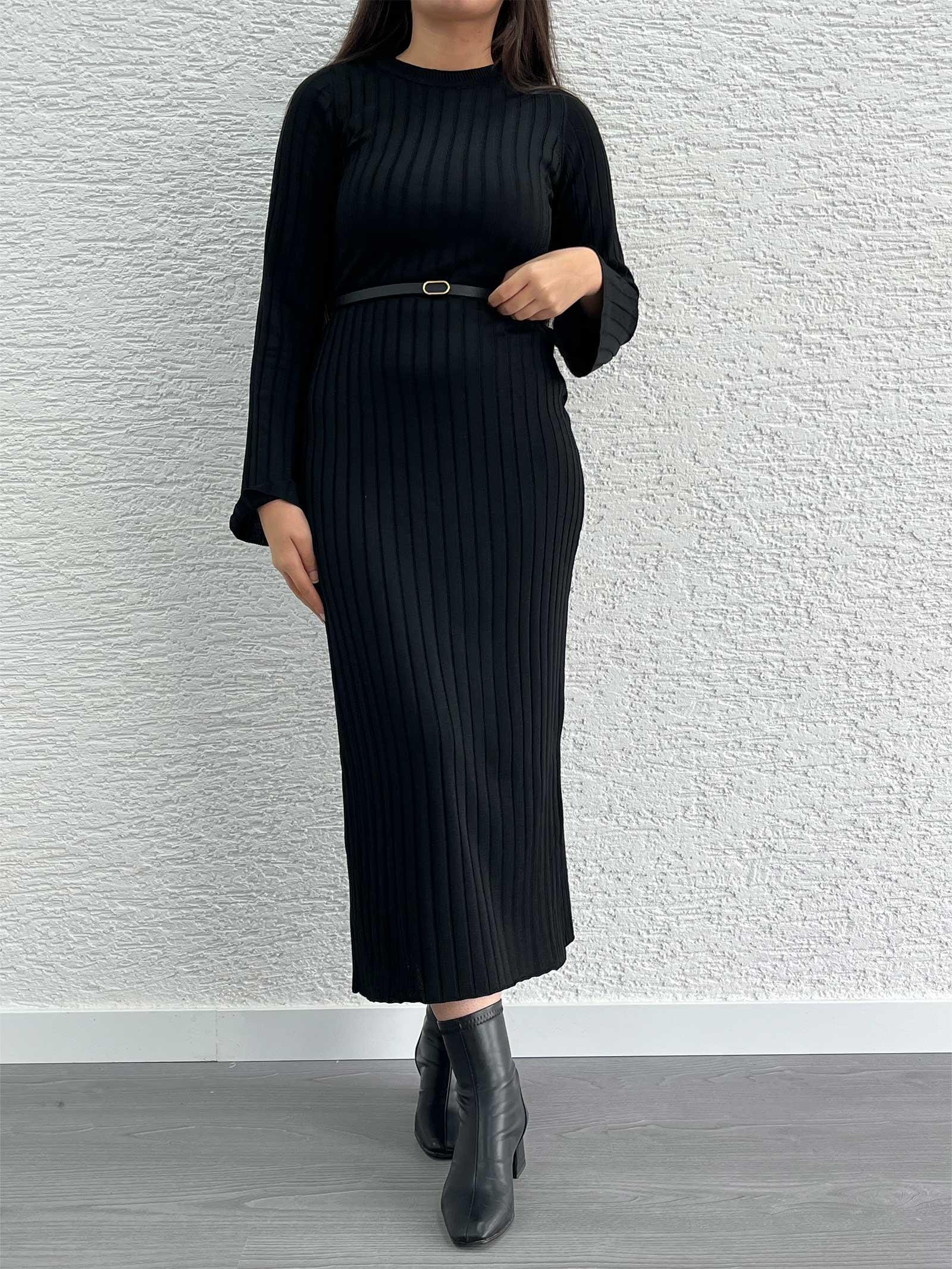 Siyah Fitilli Triko Elbise