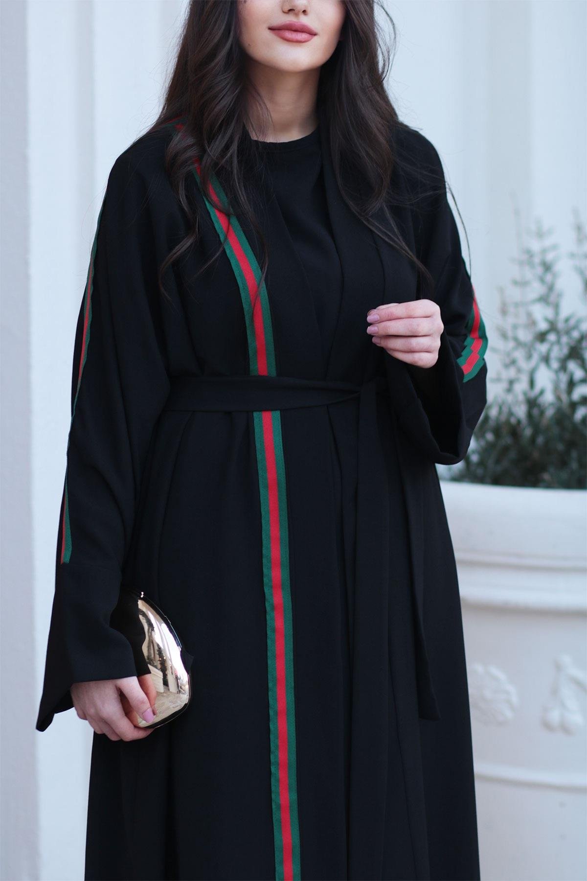Siyah G.cci Şeritli Abaya