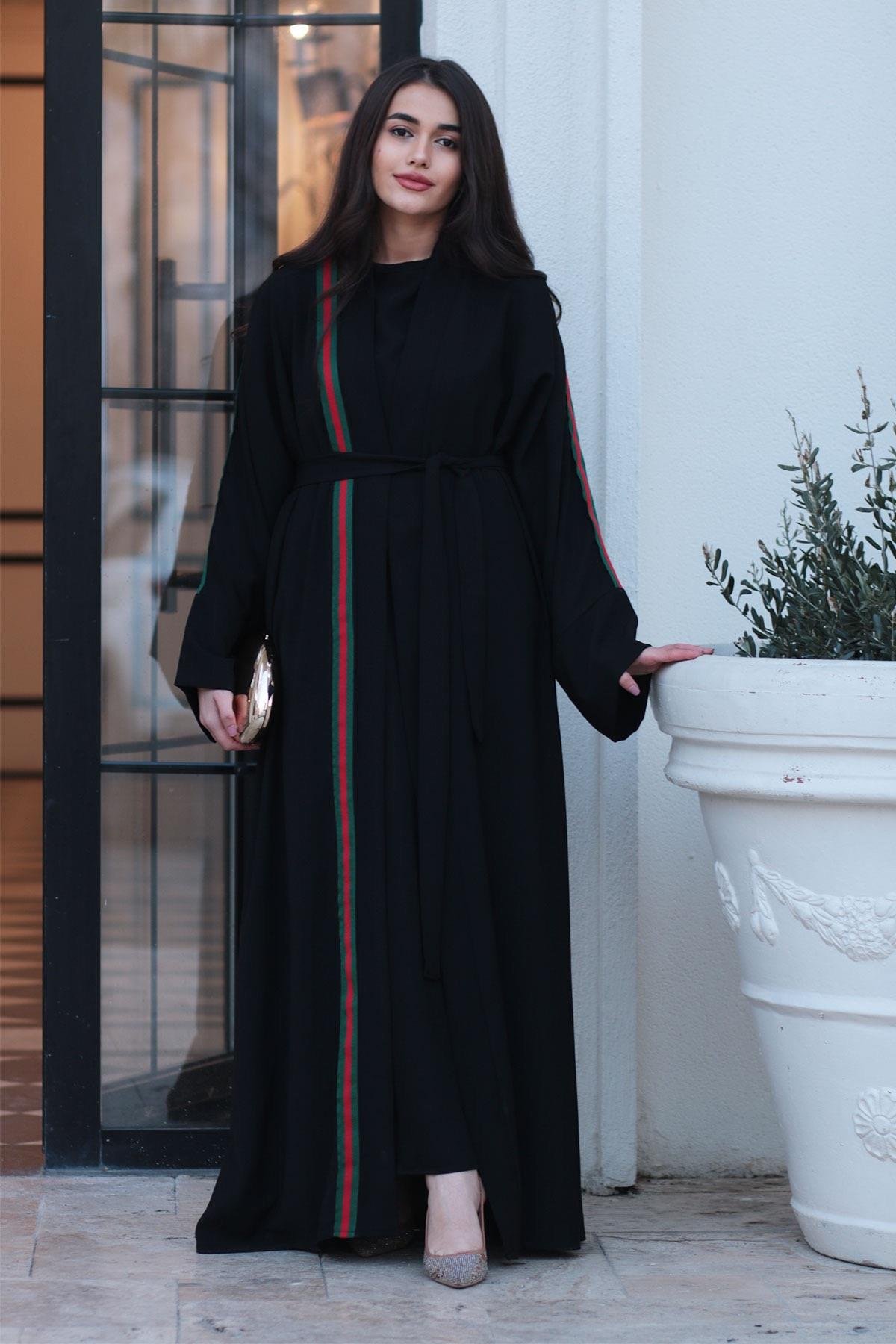 Siyah G.cci Şeritli Abaya