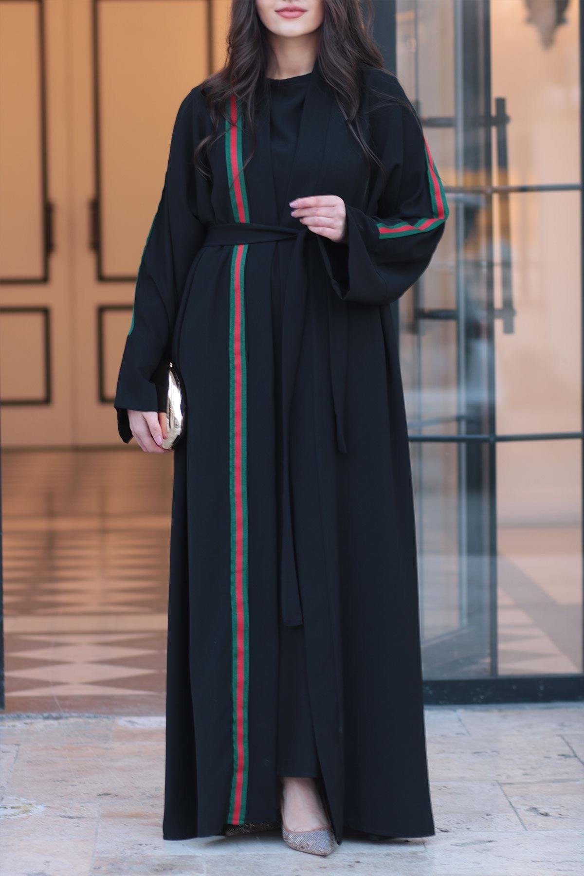 Siyah G.cci Şeritli Abaya